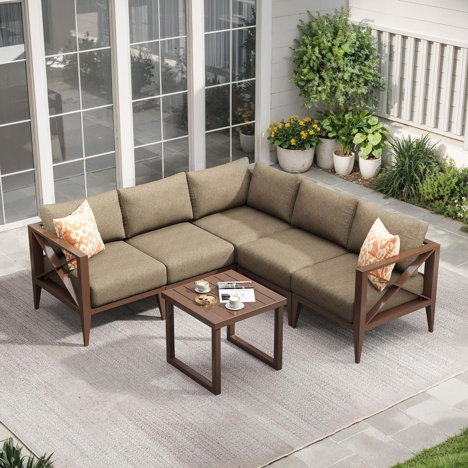 Aluminum Outdoor Patio Furniture Set with 5.2" Thick Cushions, 5-Piece Outdoor Sectional with Coffee Table, Patio Conversation Sets for Backyard,(Brown,5 Seats)
