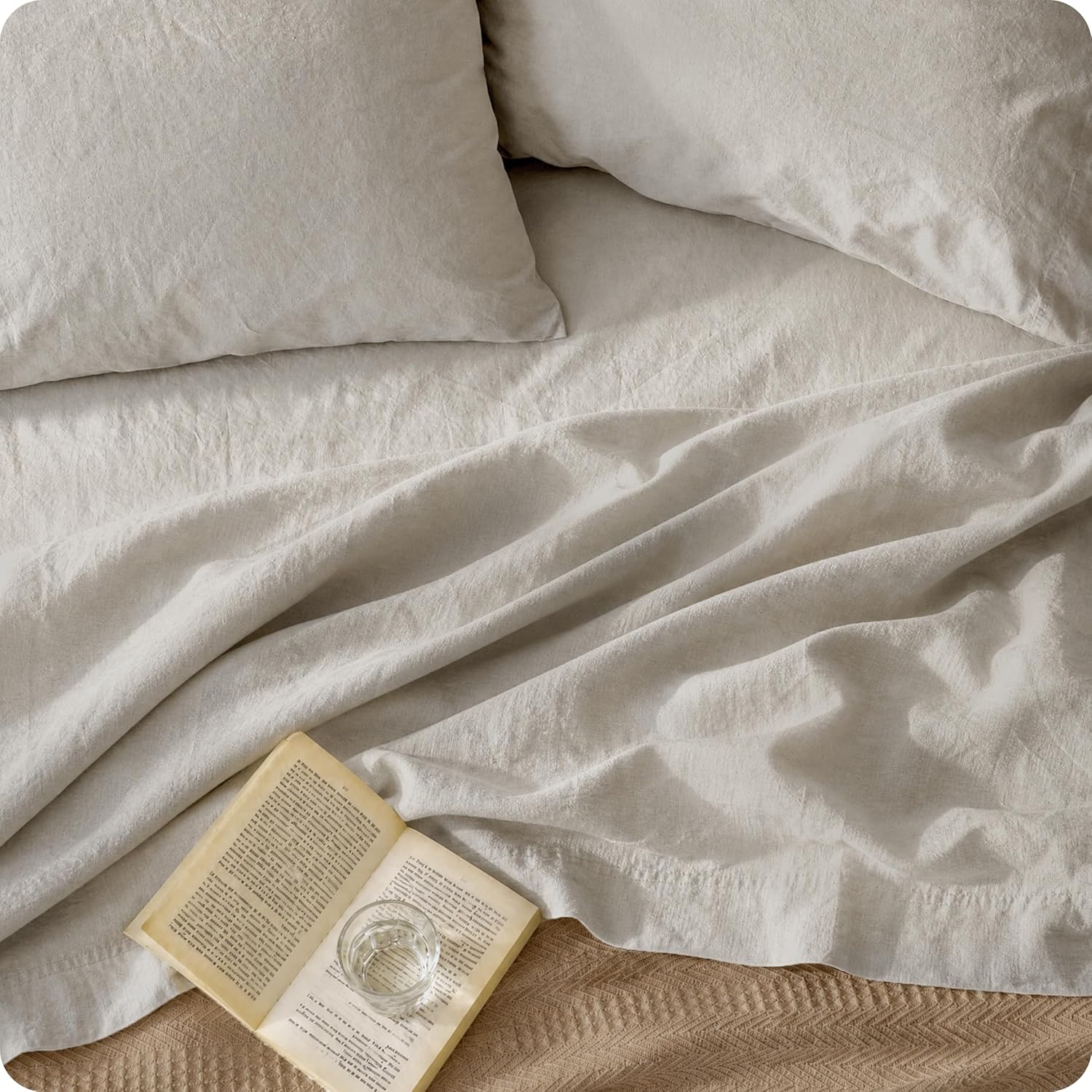 Bedsure Queen Bed Sheets – Cotton Linen Sheet Set, PureWoven Soft, Breathable & Anti – Pilling, Deep Pocket Queen Fitted Bedsheets Up to 16 Inches, 4 Pieces, Linen