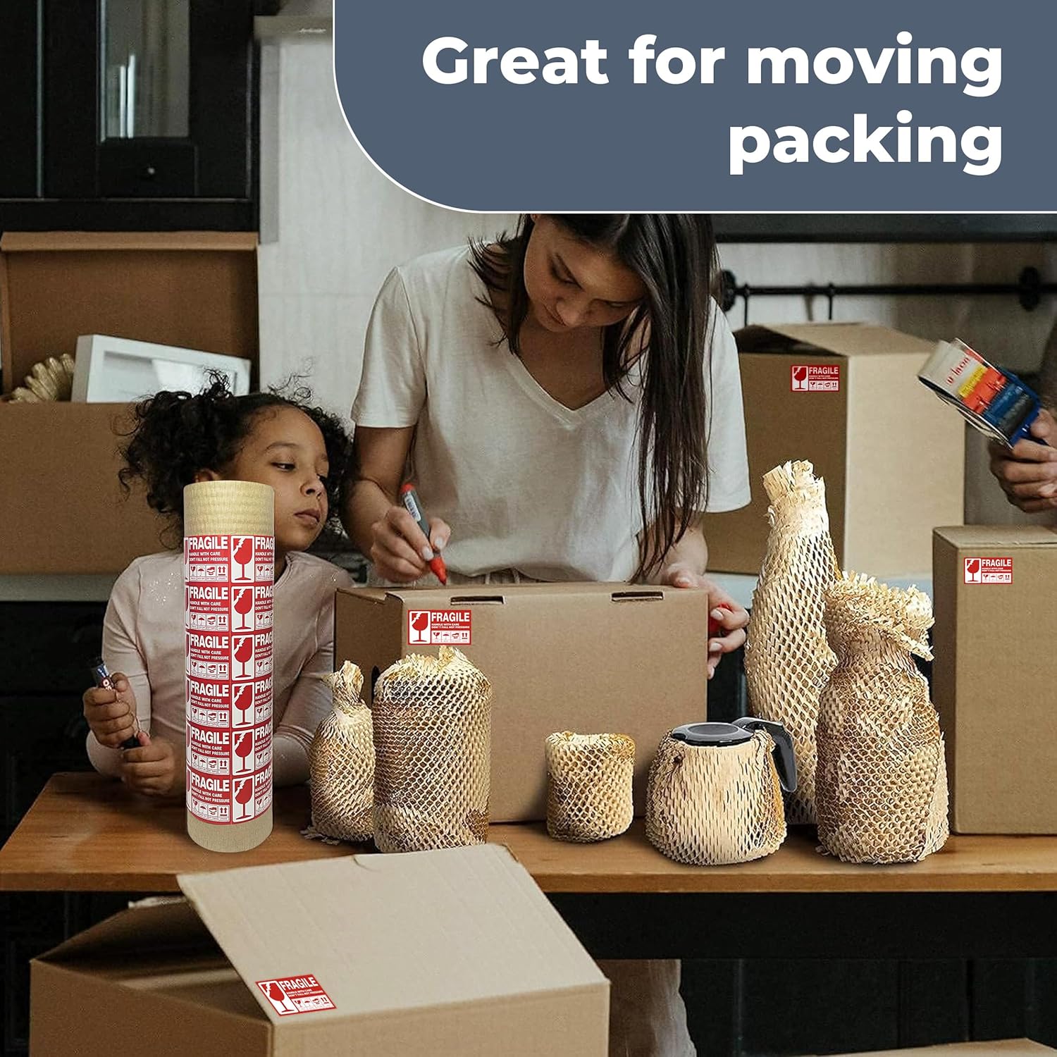 Bubble Wrap Substitute - Honeycomb Packing Paper 15''x400', Cushioning Wrap Moving, Shipping, Packing for Glassware, Plates, Cups with 36 Fragile Sticker Labels