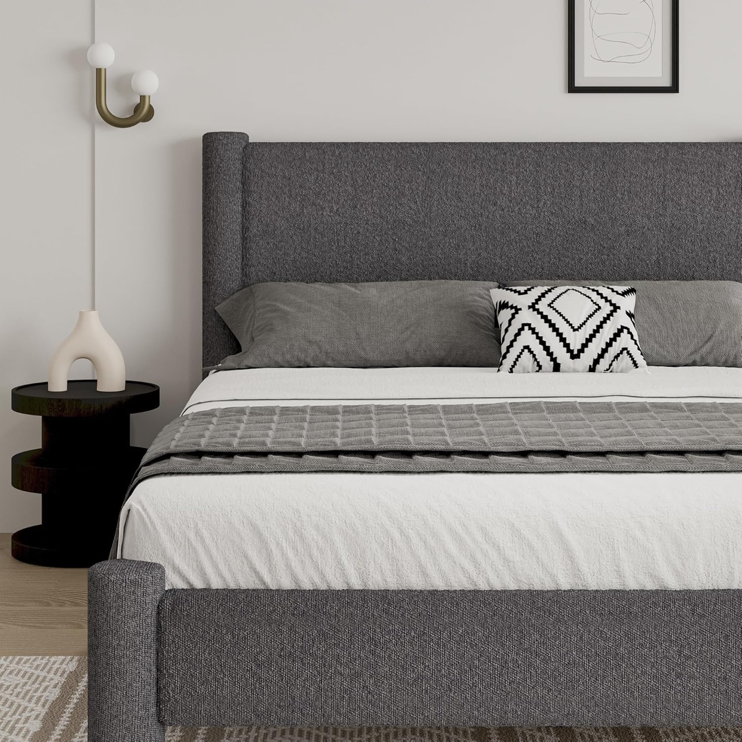 Full Size Bed Frame, Boucle Upholstered Platform Bed with Headboard and Footboard, Soft Rounded Corners, No Box Spring Required, Easy Assembly, Dark Grey