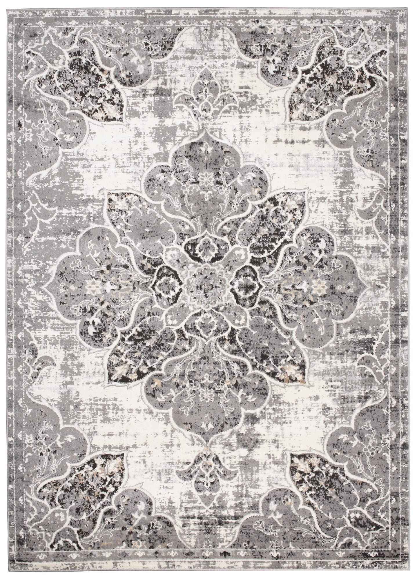 TAPISO Valley Dywan z krótkim włosiem, vintage, biały, kremowy, czarny kwiaty, ramka, orientalny efekt zużycia, melanż, rozmyty, do salonu, sypialni, 160 x 220 cm