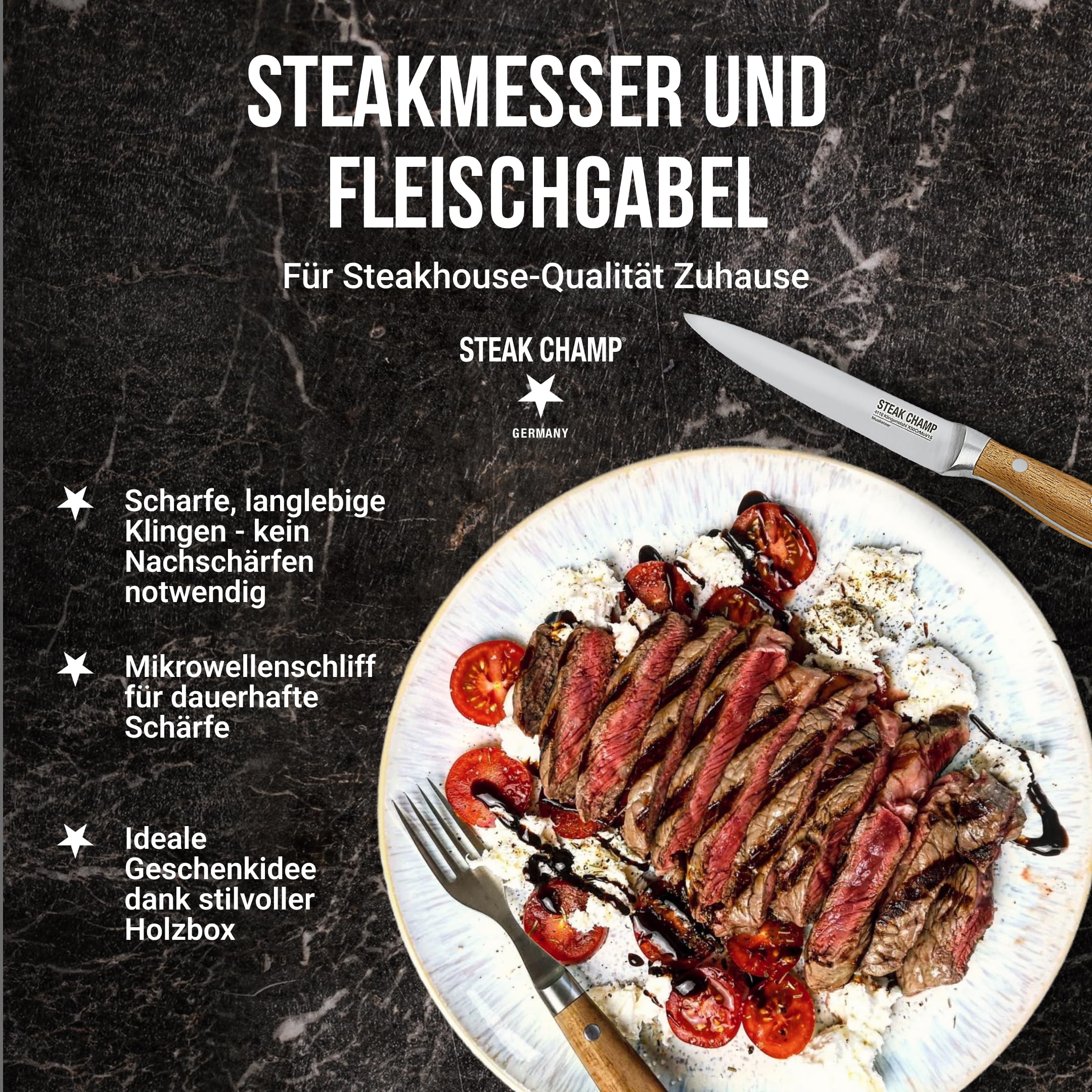 Steakchamp Fleischgabel und Steakmesser, 2 x 2 Stk.: Gabeln und Messer aus Klingenstahl, mit Mikrowellenschliff, Set 4-teilig, inkl. Holzkiste