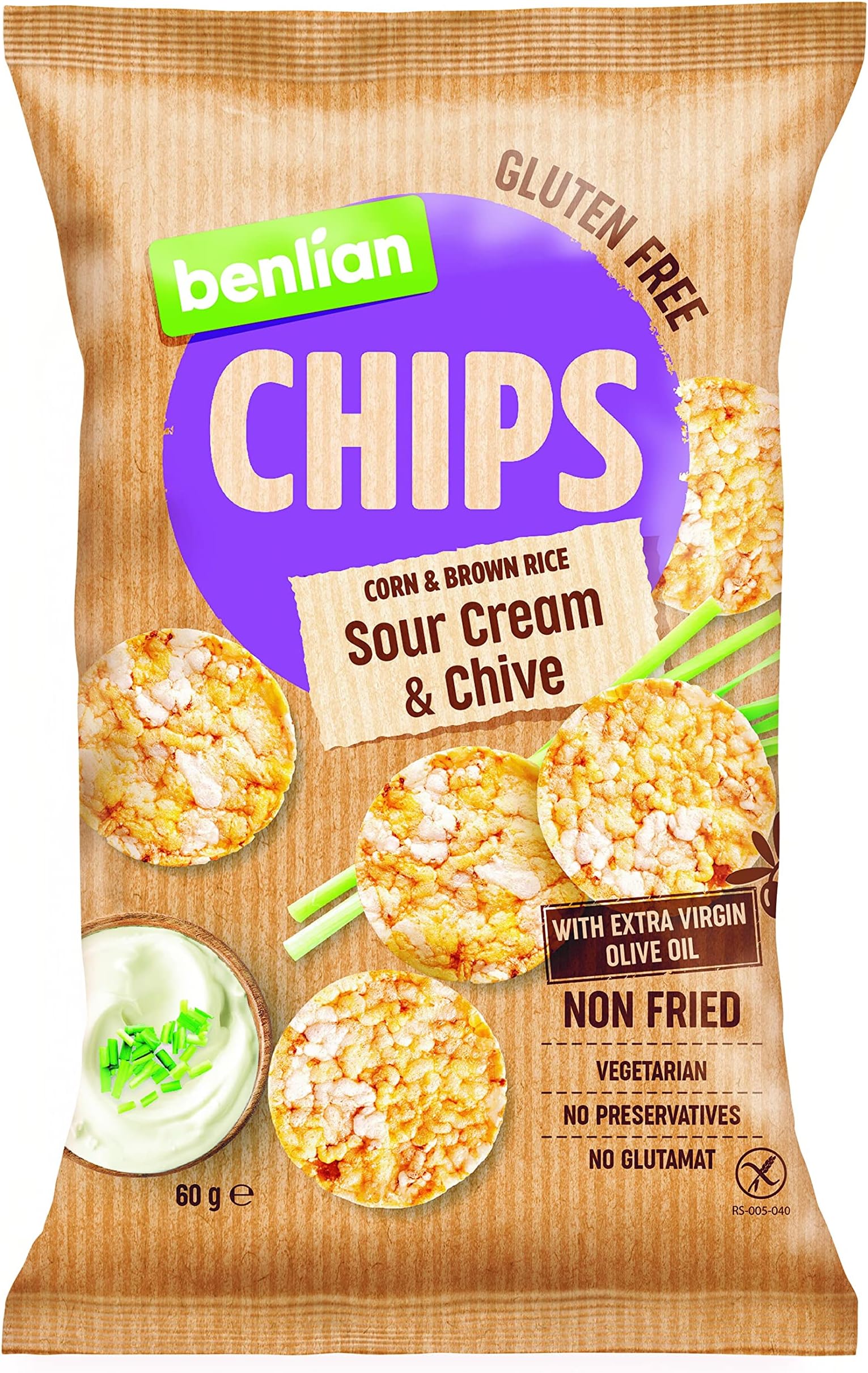 Gluten Free Chips Corn & Brown Rice, Sour Cream Chive 60g | With Extra Virgin Olive Oil, Non Fried, Vegetarian, No Preservatives, Glutamat