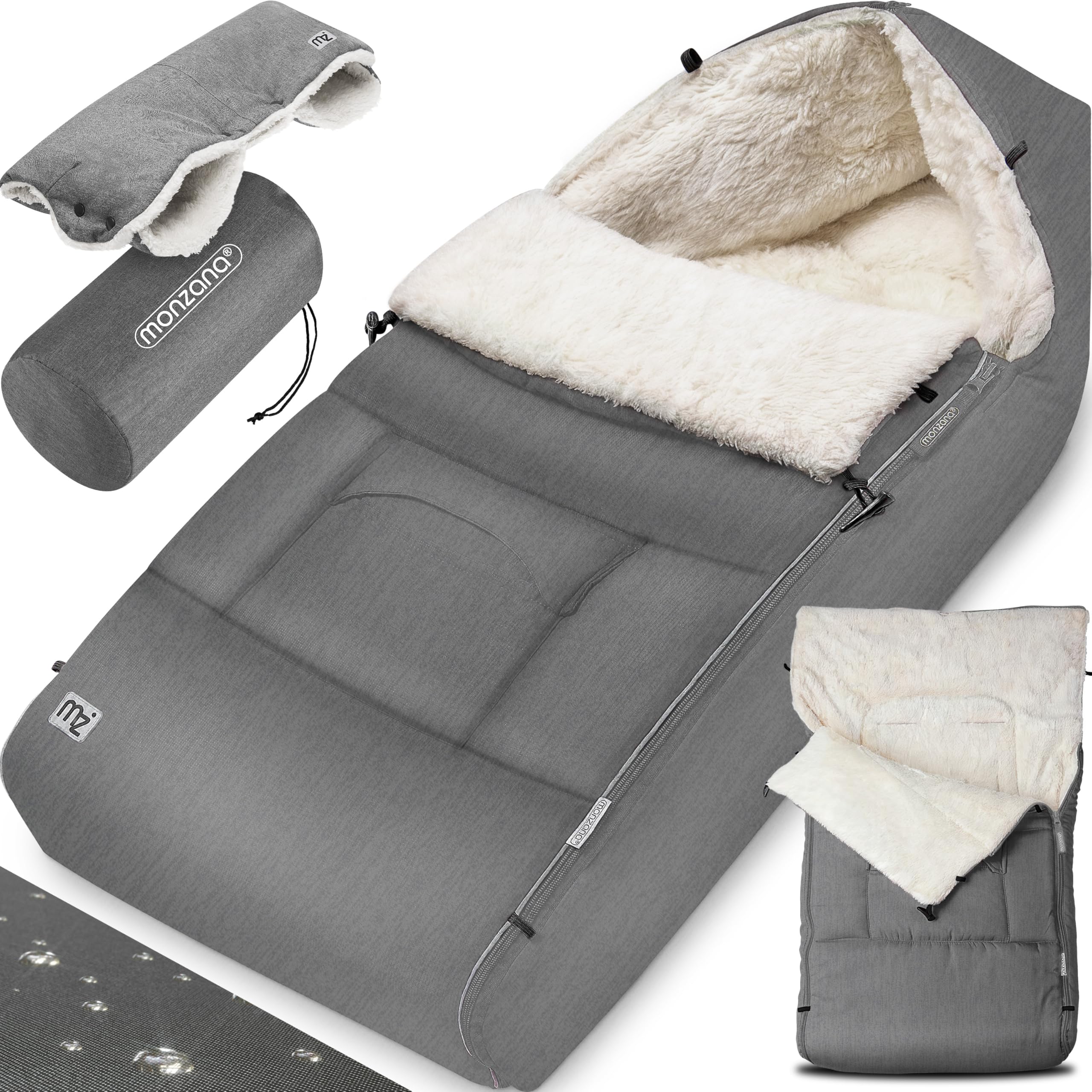 MONZANA® Chancelière universelle avec chauffe-mains pour poussette, landeau ou siege auto, Reducteur de lit bébé, Couverture bebe emmaillotage, nid d'ange, gigoteuse Hiver, Plaid - Gris