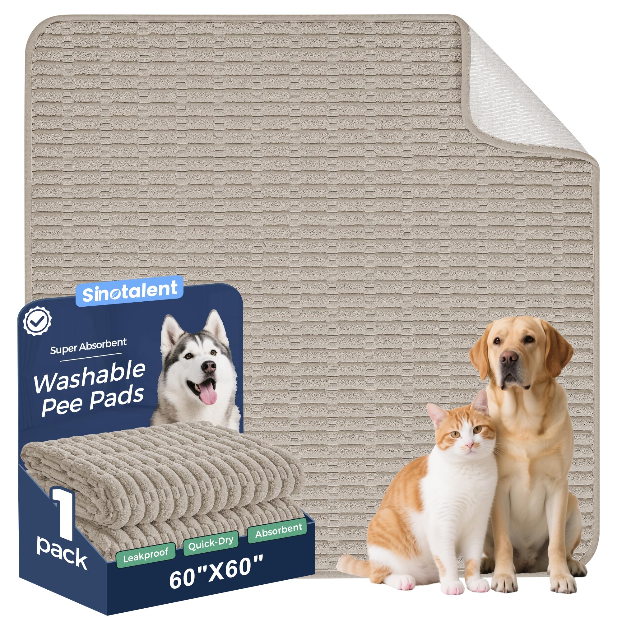 Sinotalent Washable Pee Pads for Dogs, Reusable Puppy Pads Dog Pads, Non-Slip Dog Pee Pads, Leakproof Pet Pee Pads Wee Wee Pads for Dogs. (Brown, 60"x60"(Pack of 1))