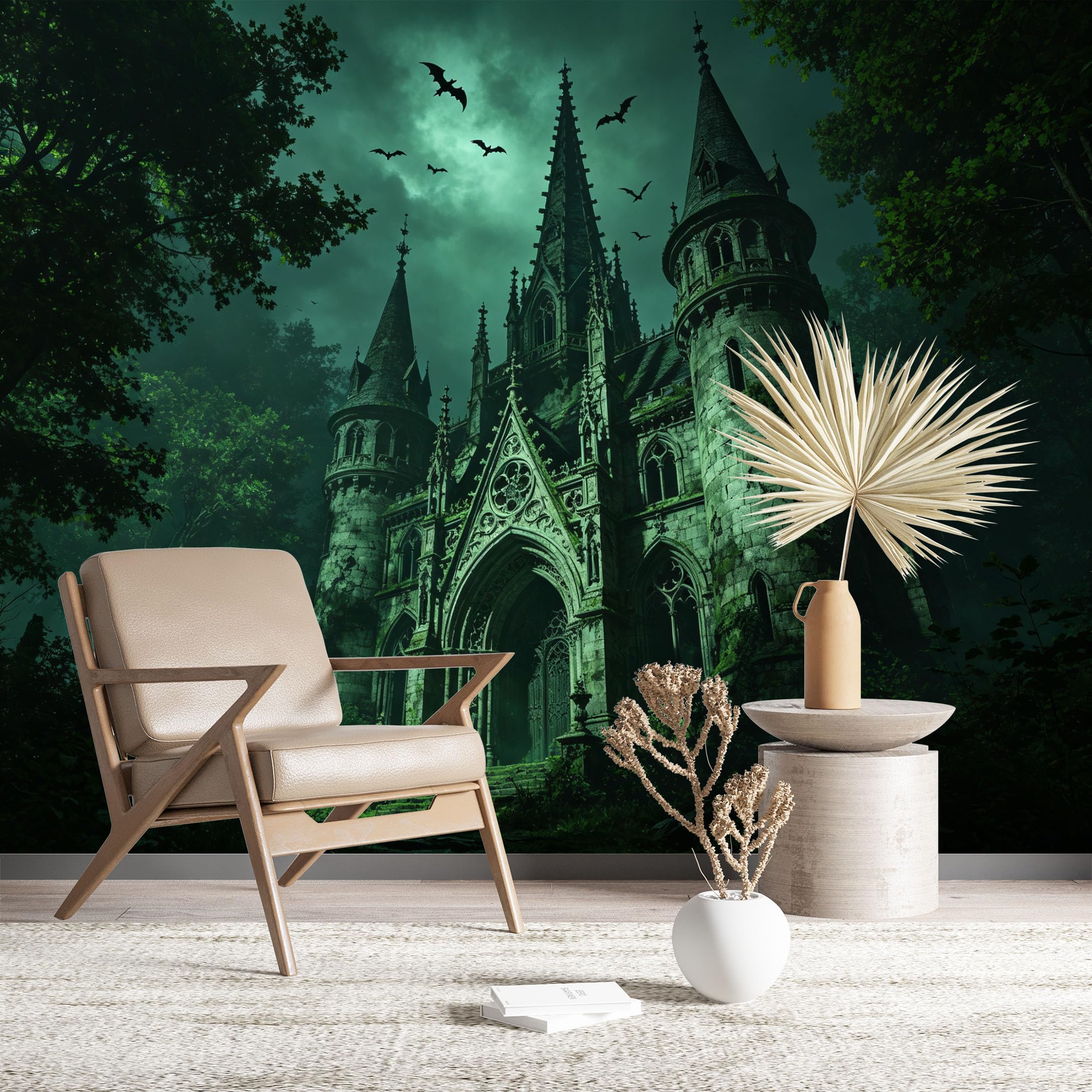 Custom Size Wall Murals Gothic Castle in Dark Misty Forest Vivid Self-Adhesive Wall Fabric (NO PVC) Removable Wallpaper for Halloween Home Decor