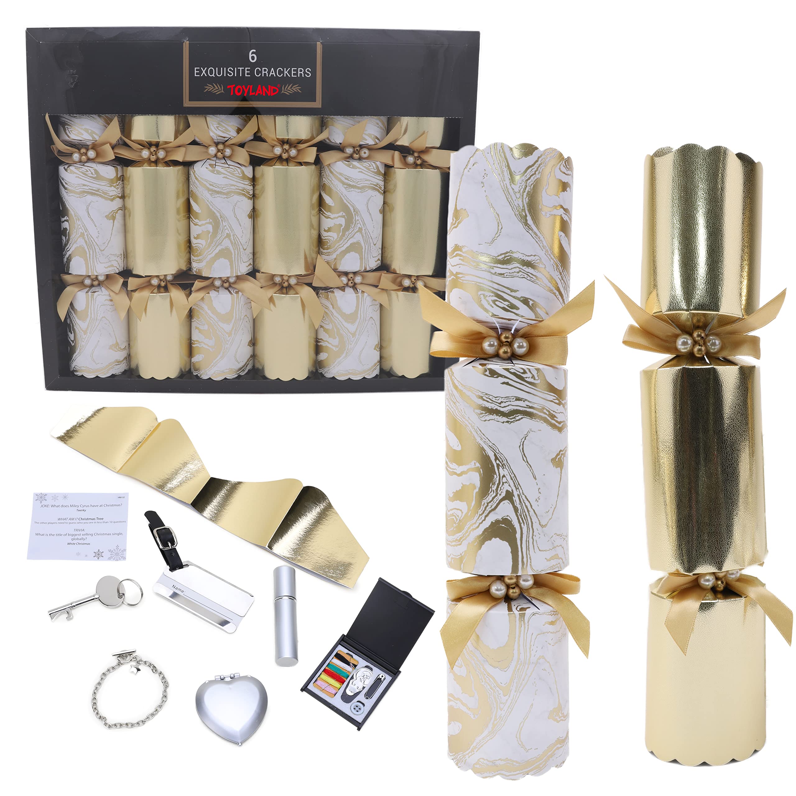 Toyland® 6 Large Exquisite Gold & Marble Effect Design Christmas Crackers - Gifts, Hats, Mottos & Snaps Included