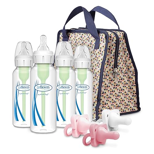 Dr. Brown's Anti-Colic Options+ - Biberones (paquete de 4), bolsa para biberones (multicolor) y paquete Happy Paci (rosa claro, paquete de 3)