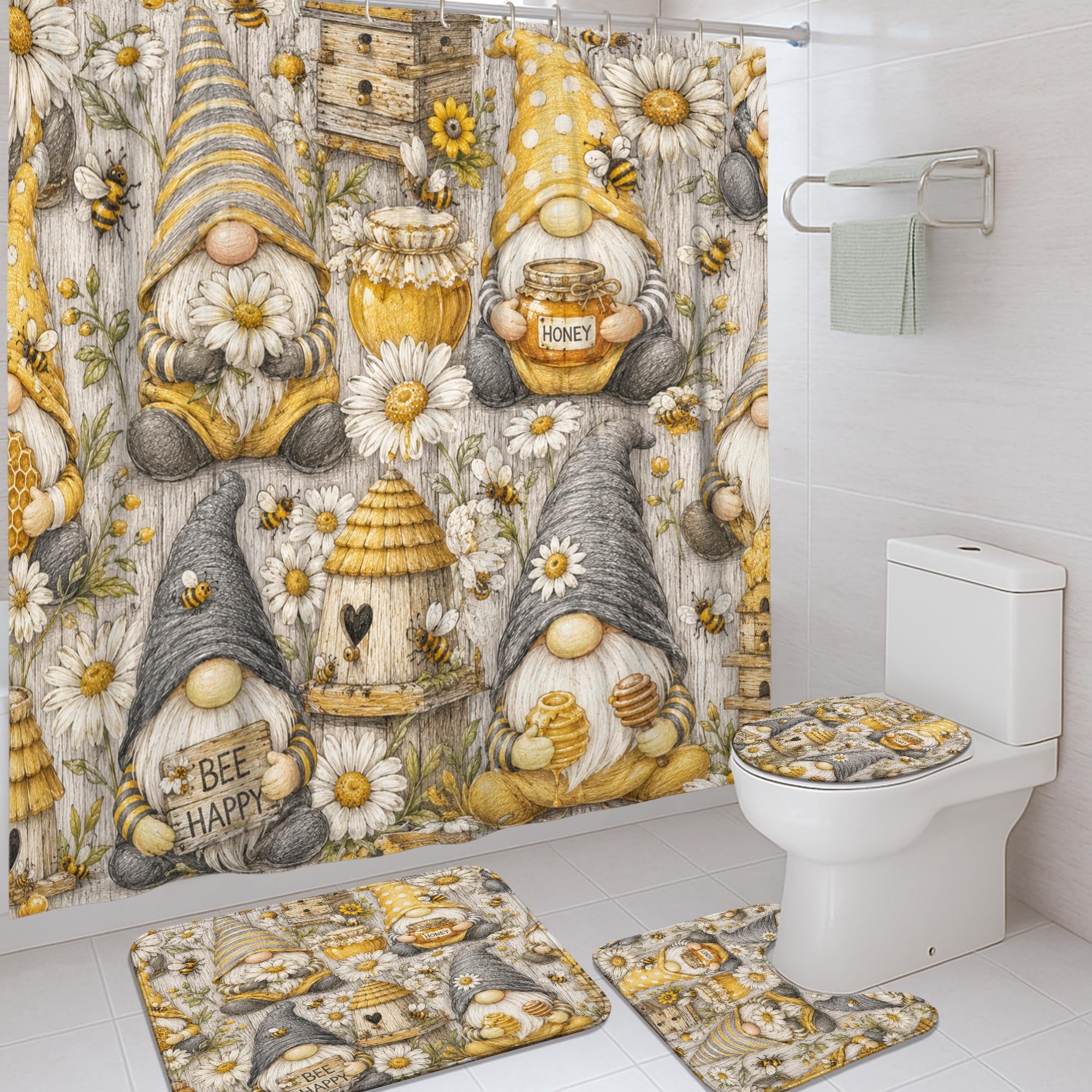 Rideau de douche 183x183 pour chambre d'amis, décor nain de Noël et chrysanthème jaune miel