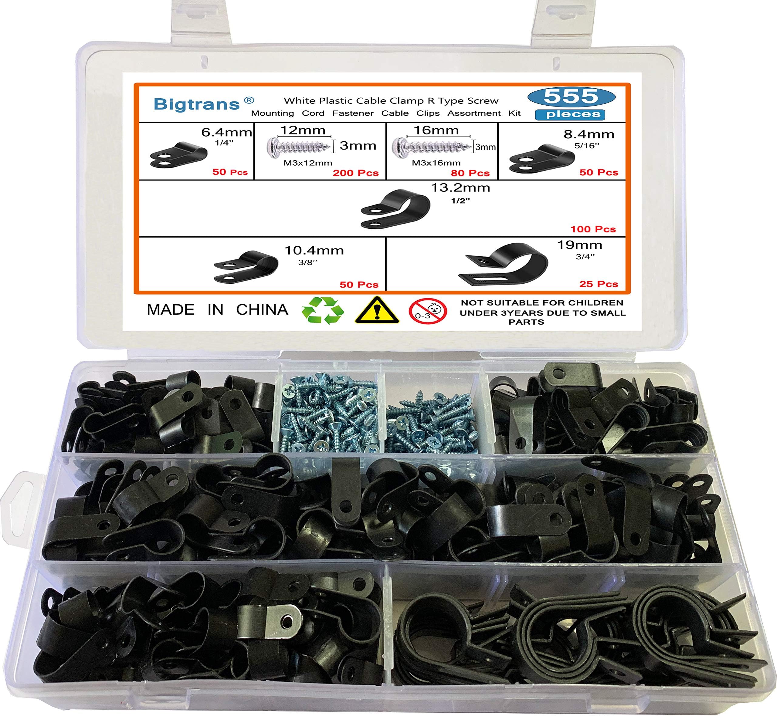 Cable Clamps,Bigtrans 555 Pcs Nylon Plastic R-Type Cable Clamps with Screws 1/4" 5/16" 3/8" 1/2" 3/4" Clips Fasteners Assortment for Cable Conduit -5 Size -Black