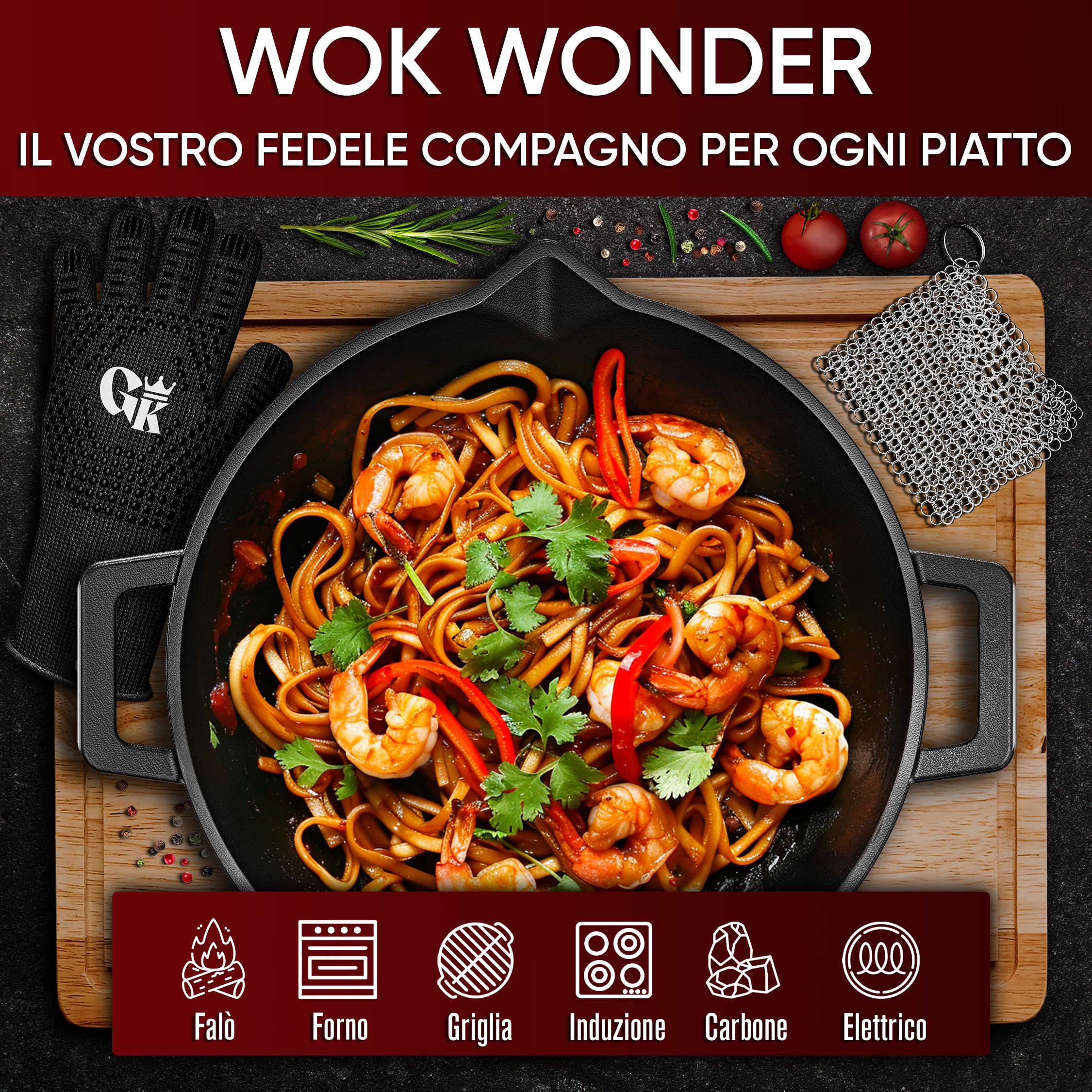 GUSSKÖNIG Wok in Ghisa - 36 cm, Wok Cinese Originale per gas, fornello, Wok Induzione. Include anello in acciaio inox per la pulizia, guanti da grill e libro di ricette-padella ghisa