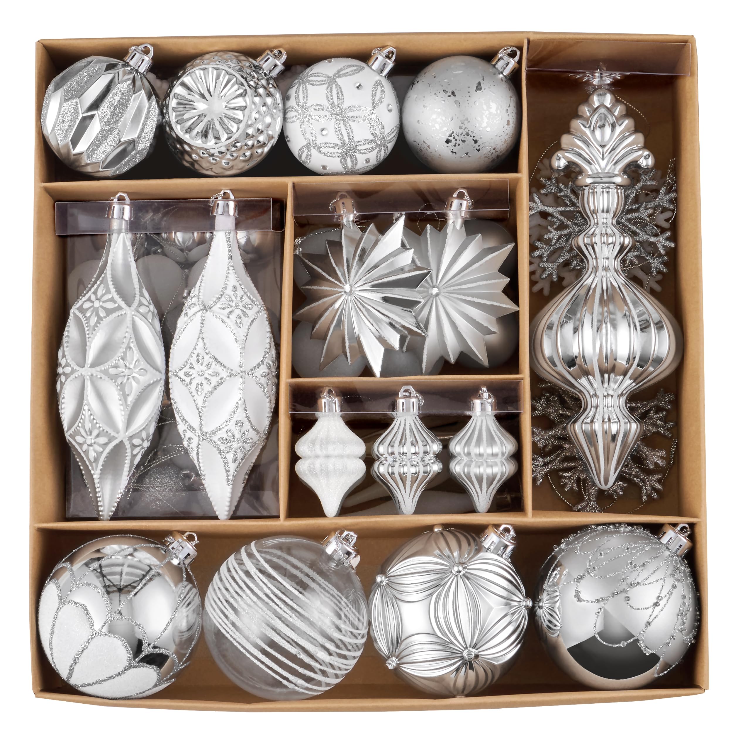 Valery Madelyn Lot de 80 décorations de sapin de Noël incassables de luxe à suspendre pour sapin de Noël, blanc et argenté, décoration de vacances