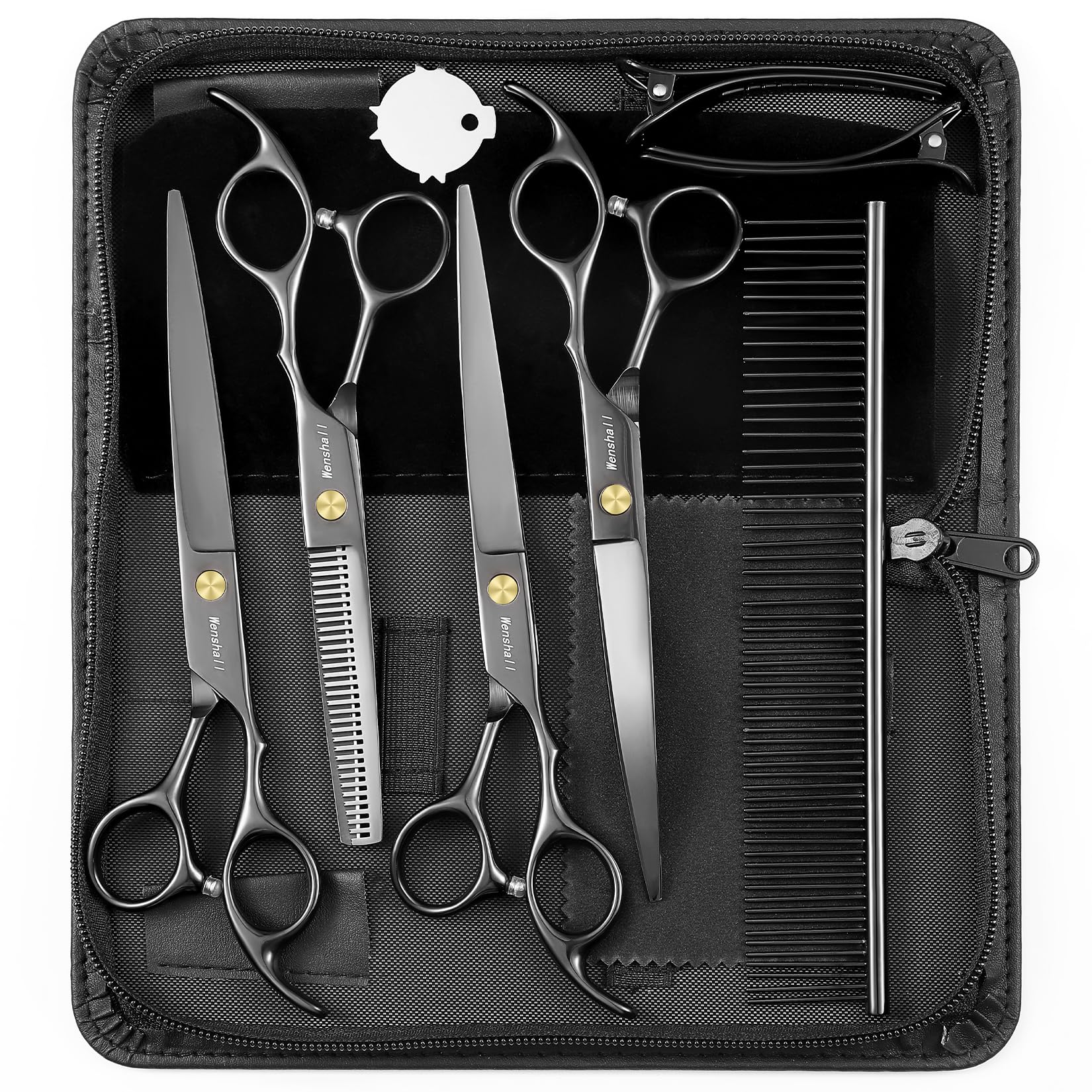 Wenshall 7,0 Zoll Hundepflege Schere Set Hund gerade Schere & Ausdünnungsschere & Gebogene & chunker & Comb 5Stk Set