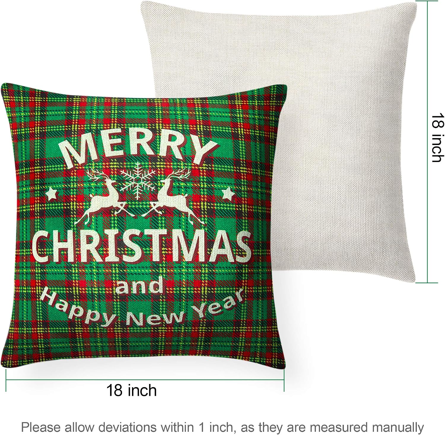 BININBOX Christmas Throw Pillow Covers Decorative Pillow Cover 4 Set 18x18 Inches Linen Christmas Pillowcase Red&Green Plaid Deer Red Buffalo Plaid Pillow Covers