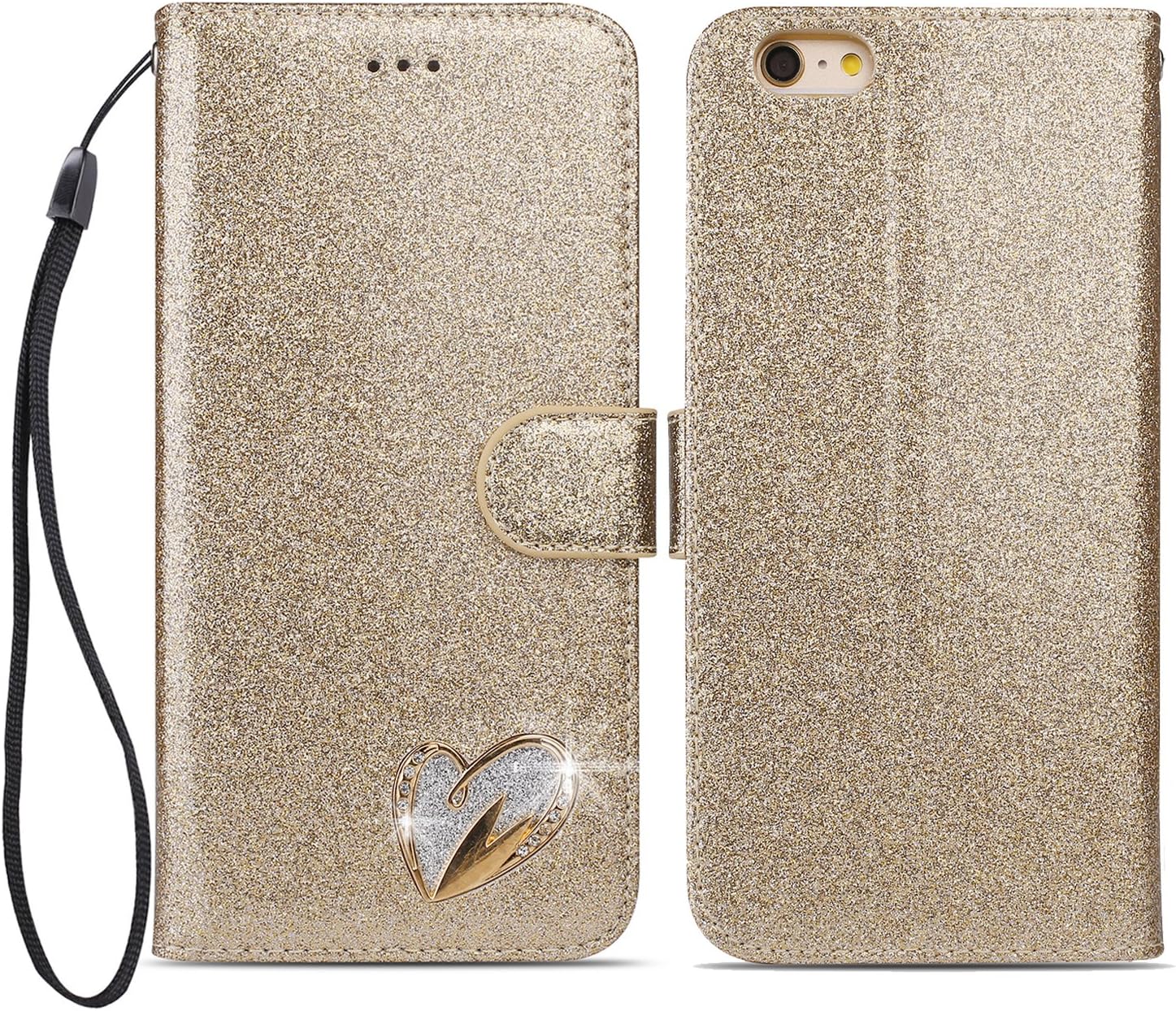 iPhone 5 5S SE Case, Bling Glitter [Magnetic Closure] PU Leather Flip Wallet [Love Diamond] Folio Inner Soft TPU Case with [Card Slots] Stand Function Cover Case for Apple iPhone 5/5S/SE- Gold