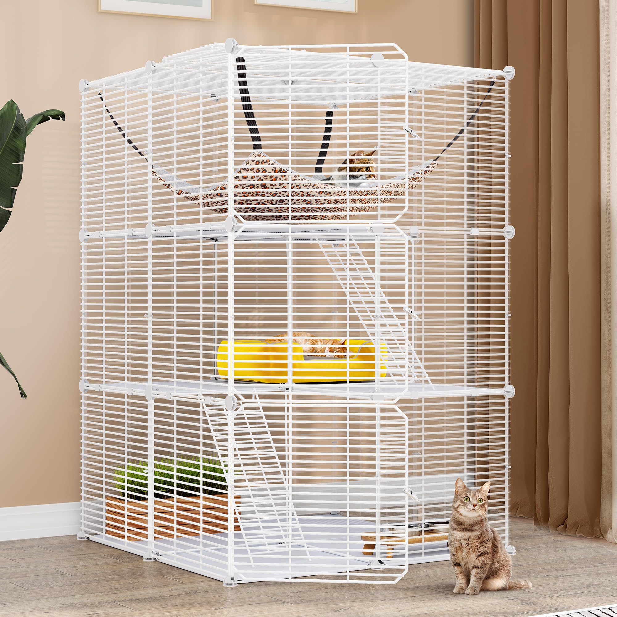 YITAHOME Cat Cage Indoor Cat Enclosures DIY Cat Playpen Metal Kennel with Extra Large Hammock for 1-2 Cats, Ferret, Chinchilla, Rabbit, Small Animals White