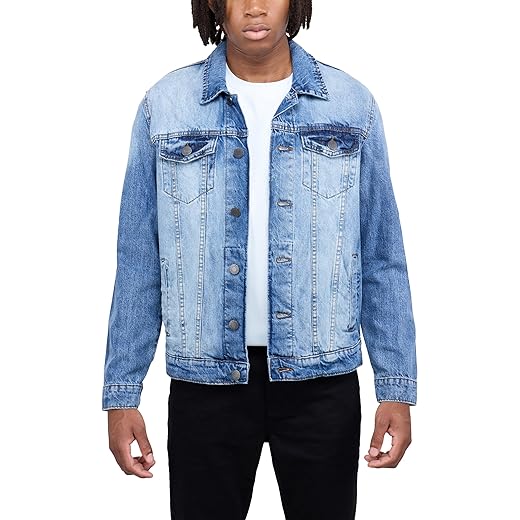 X RAY Jaqueta jeans masculina, lavada rasgada, desgastada, flexível, elástica, casual, caminhoneiro, jaqueta jeans masculina, Azul médio, 3G