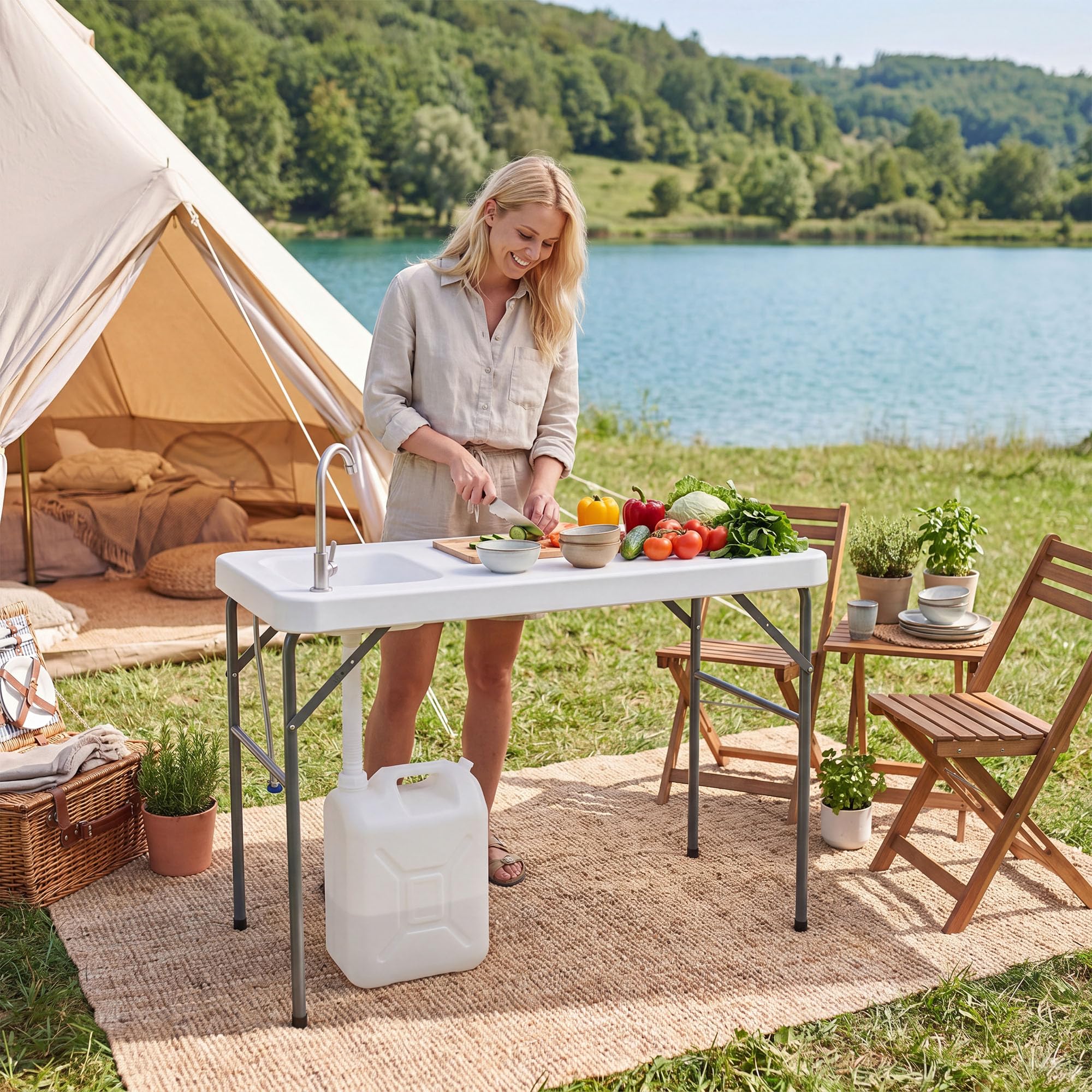 HOMASIS Fischreinigungstisch klappbar, Campingtisch mit Spüle & Wasserhahn, Camping-Spültisch mit Messskala, bis 50 kg belastbar, Klapptisch für Angeln, Picknick & Grillen, 104 x 59 x 76 cm, Weiß