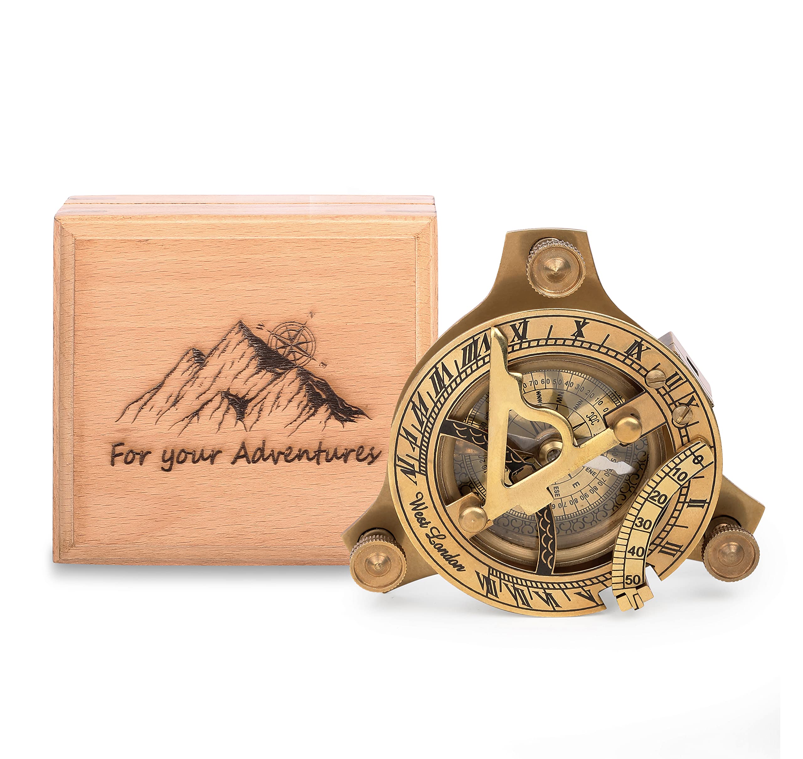Compass with for Your Adventures Engraved on Wooden Box | Brass Pocket Compass Gifts for Men, Him, Son, Husband, Grandson, Boys | Sundial Compass Gift for Graduation, Baptism, Confirmation