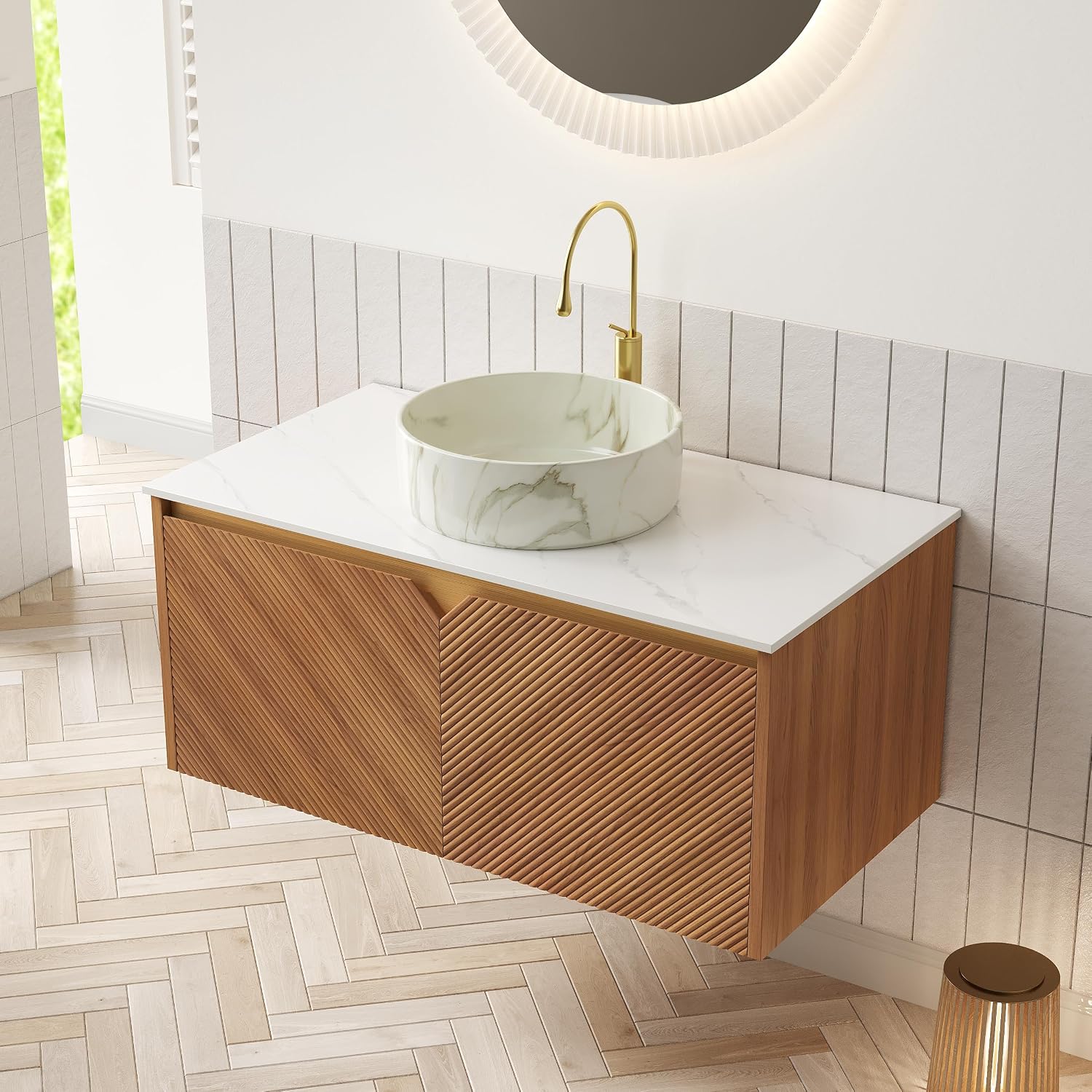 36 Inch Floating Bathroom Vanity with Sink, Wall Mounted Modern Fluted Cabinet, Carrara White Sintered Stone Top, White Marble-Pattern Ceramic Round Vessel Sink, Soft Close Storage, Oak Finish