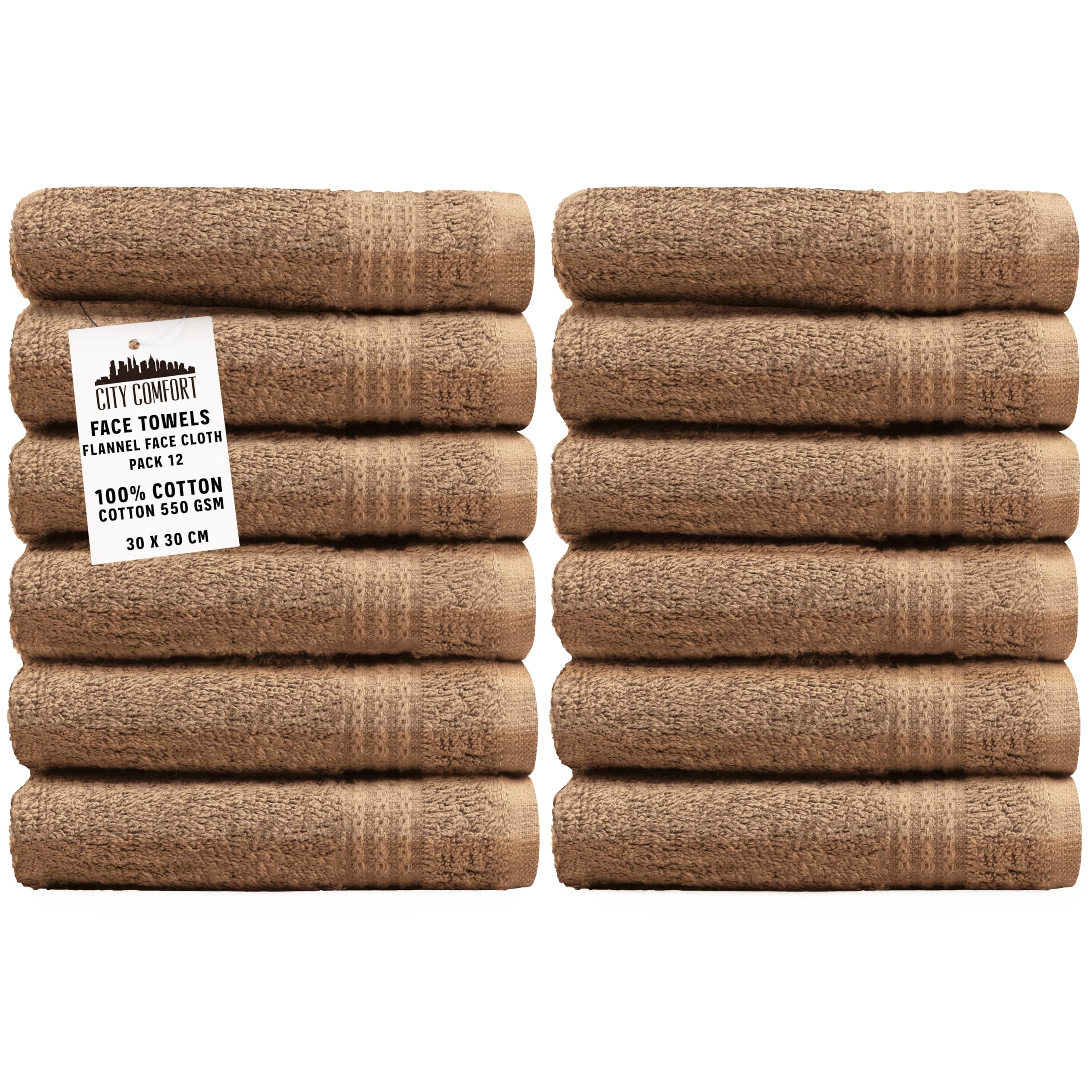 Citycomfort Brown Flannels Pack Of 12 Face Towels 100% Cotton 550 Gsm 30X30cm Highly Absorbent Soft Wash Cloth Household Essentials ( - 12 Pack)