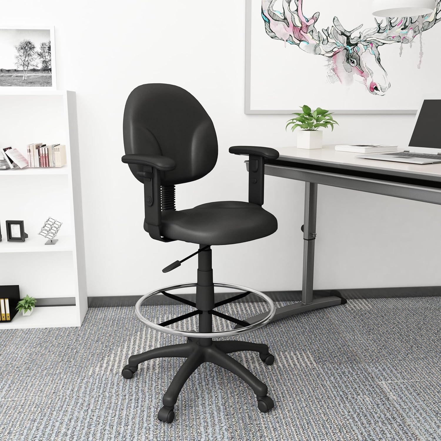 Boss Office Products B1691-CS Stand Up Caressoft Drafting Stool with Adjustable Arms in Black, Vinyl