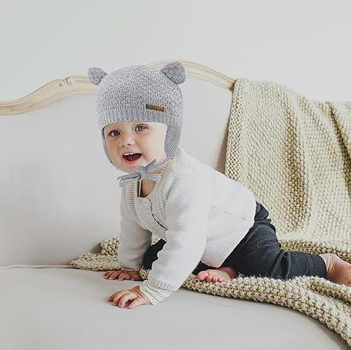 Miniatura 6 de Bestjybt Gorro de bebé, lindo oso con orejeras y forro polar, gorro cálido para otoño e invierno