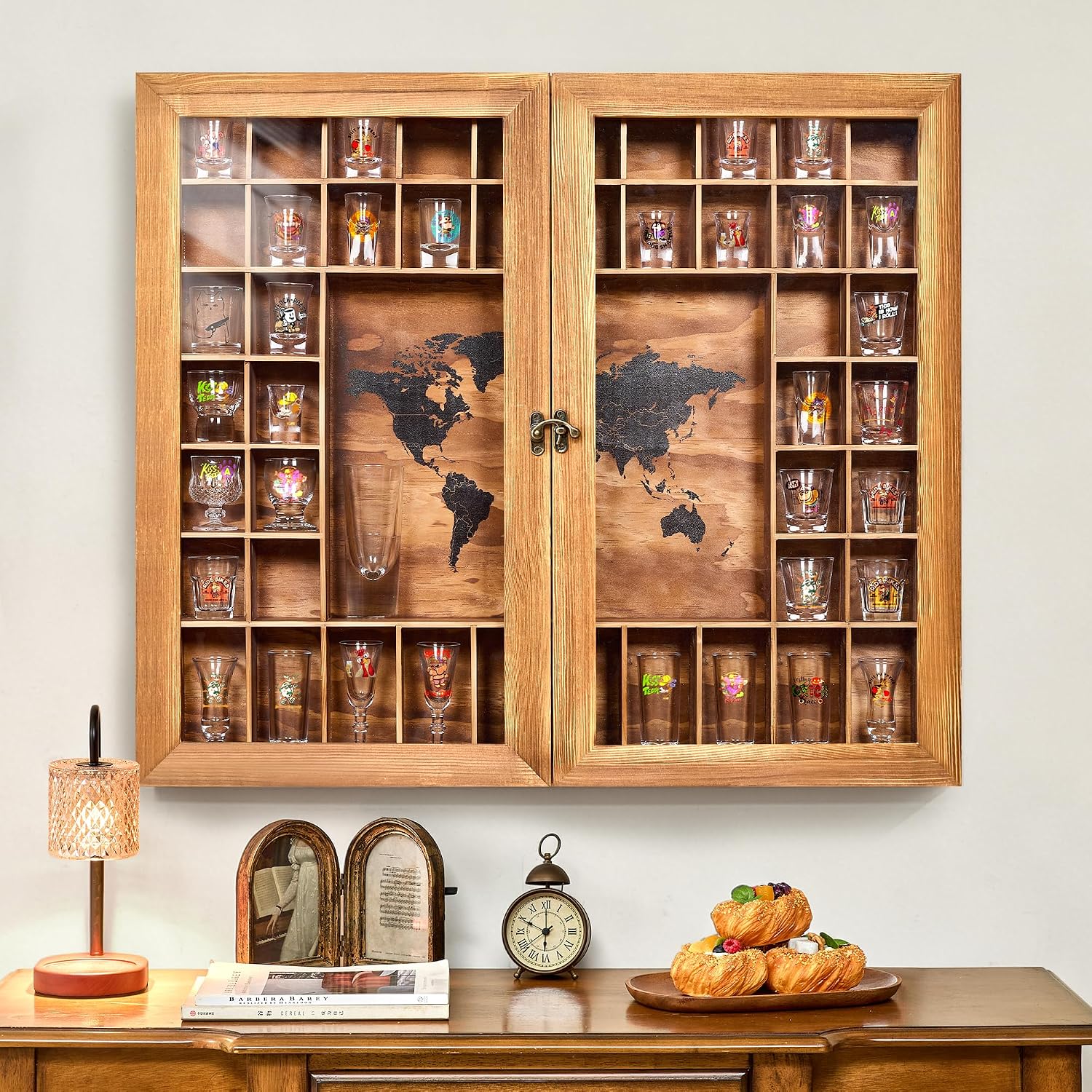 Large World Map Shot Glass Display Case 46Slots with Door,29x26''