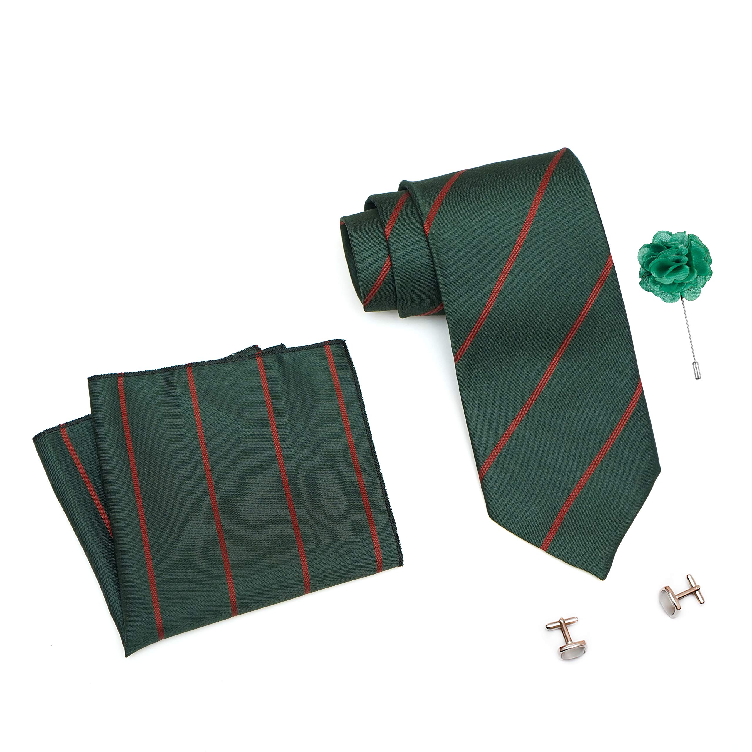 Mens Plaid Stripped Silk Necktie Tie Gift Set With Pocket Square, Cufflinks & Brooch Pin Formal Tie With Leatherite Box (S2RB, Free Size)-image-48