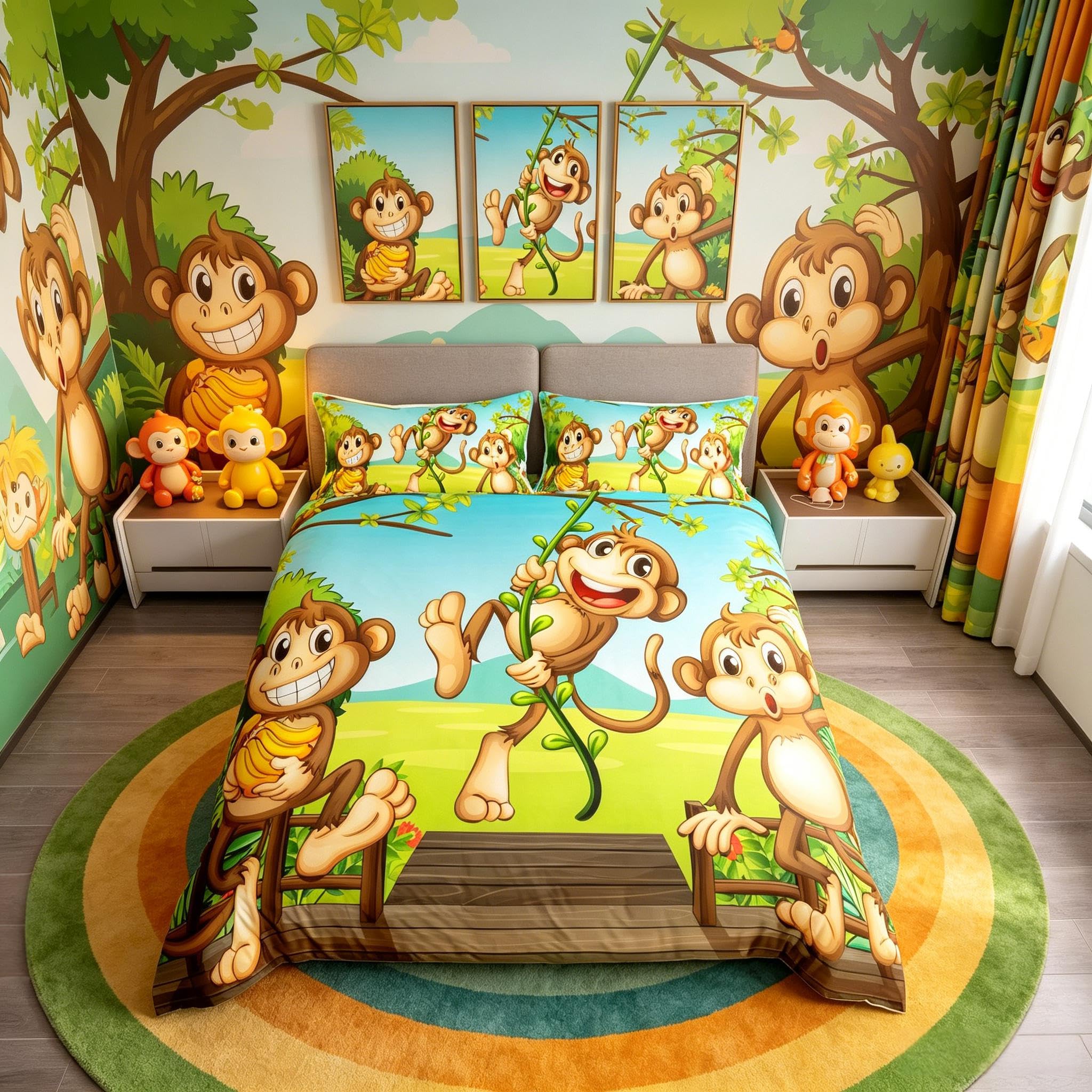 Loussiesd Monkey Duvet Cover Three Cartoon Monkeys Prined Bedding Set for Kids Boys Girls Safari Banana Vine Comforter Cover Cute Animal Bedspread Cover Bedroom Collection 2Pcs Junior/Cot Bed Size — image 1