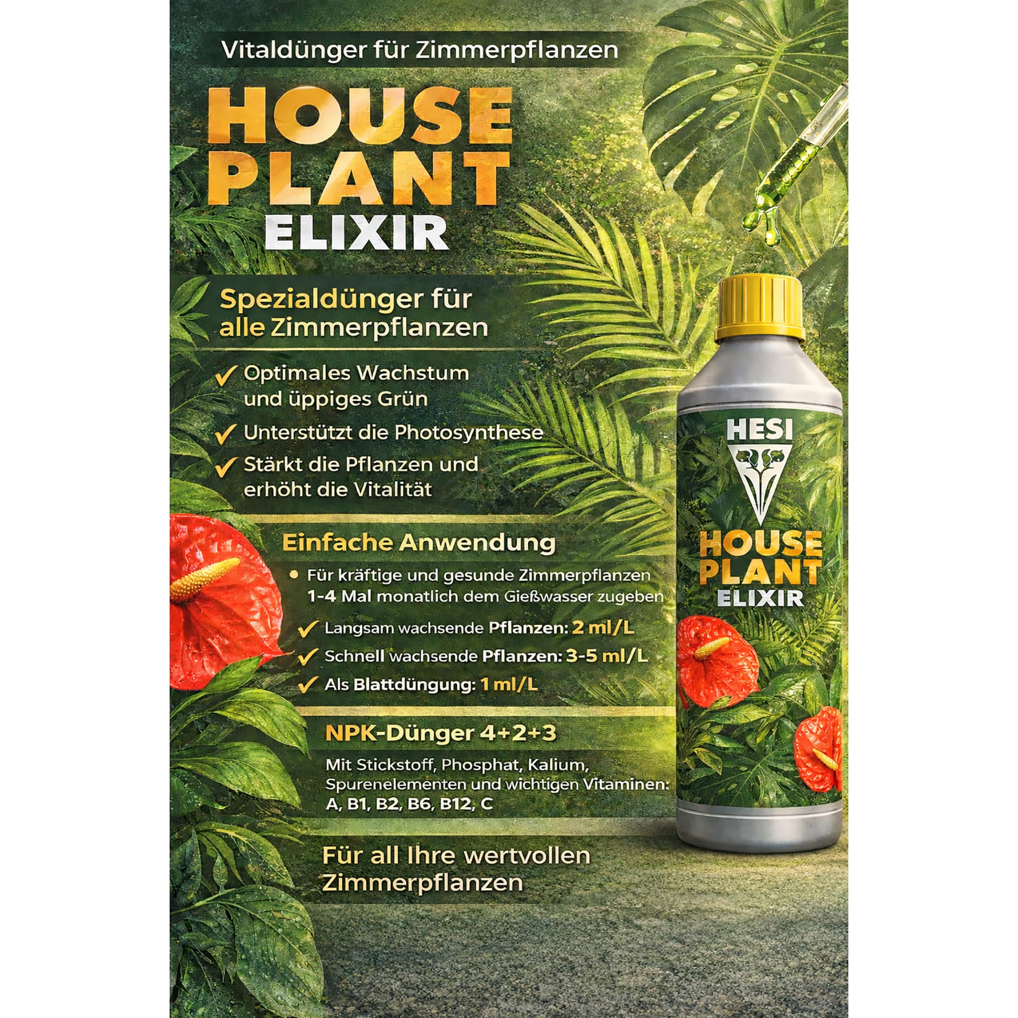 HESI House Plant Elixir 5 Liter + HESI Auslasshahn | Zimmerpflanzen-Grow-Dünger Flüssigdünger Pflanzenpracht