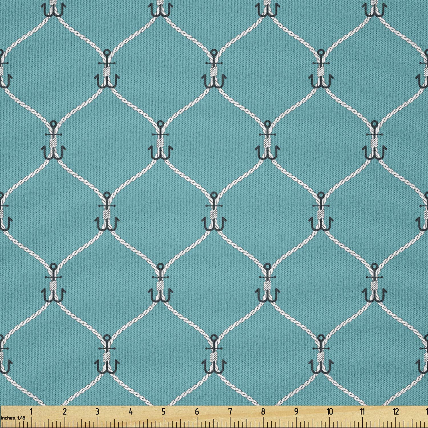 Lunarable Nautical Fabric by The Yard, Tied Navy with Small Anchors Pattern in Axis Fishnet Mesh Knot Marine Illustration, Microfiber Fabric for Arts and Crafts Textiles &amp; Decor, 2 Yards, Blue