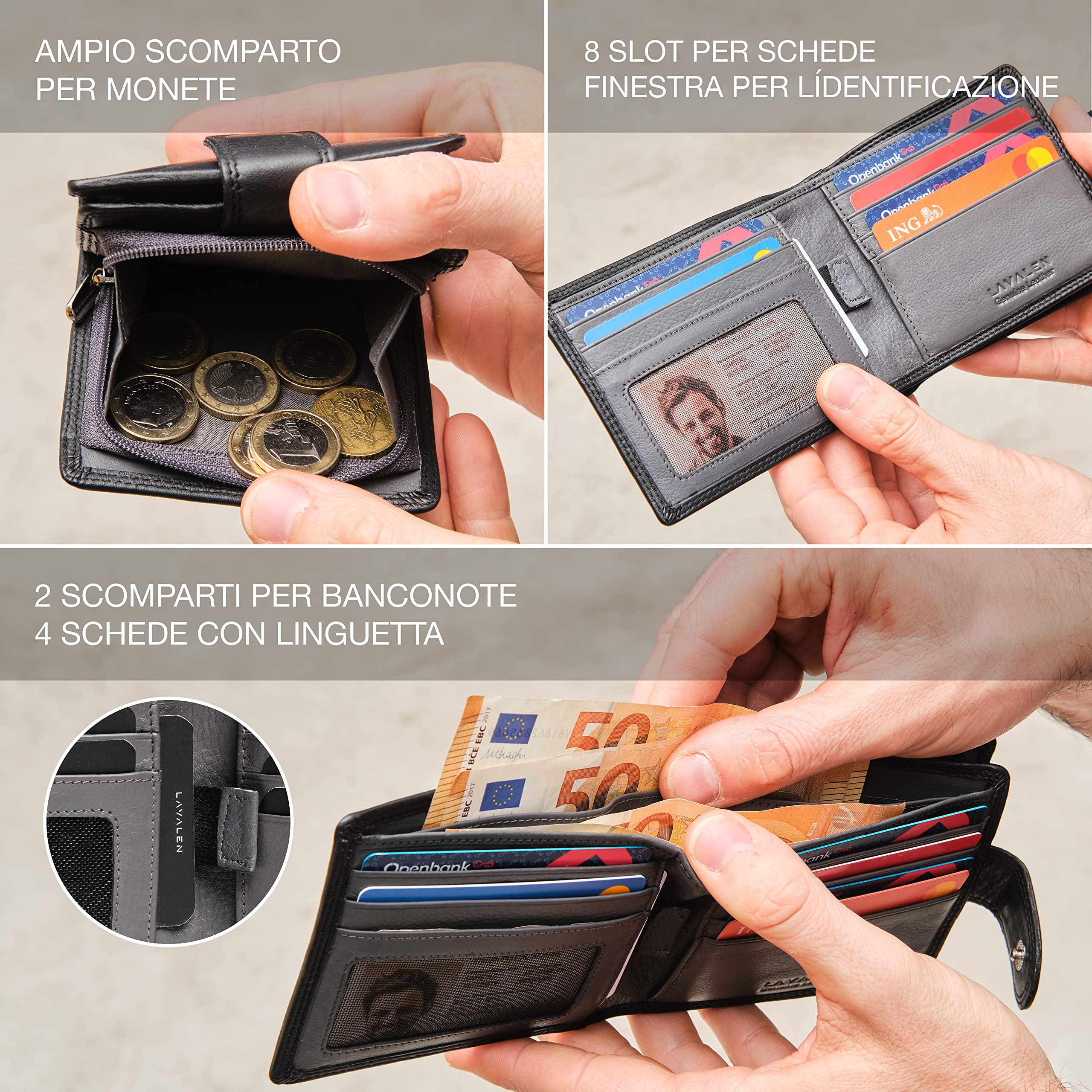 Lavalen® Portafoglio Uomo Pelle Vera con Blocco RFID - Portamonete Uomo con Cerniera Fatto a Mano - Portafoglio Ragazzo Grande Capacità - Portafoglio Porta Carte di Credito Regalo Uomo Perfetto.