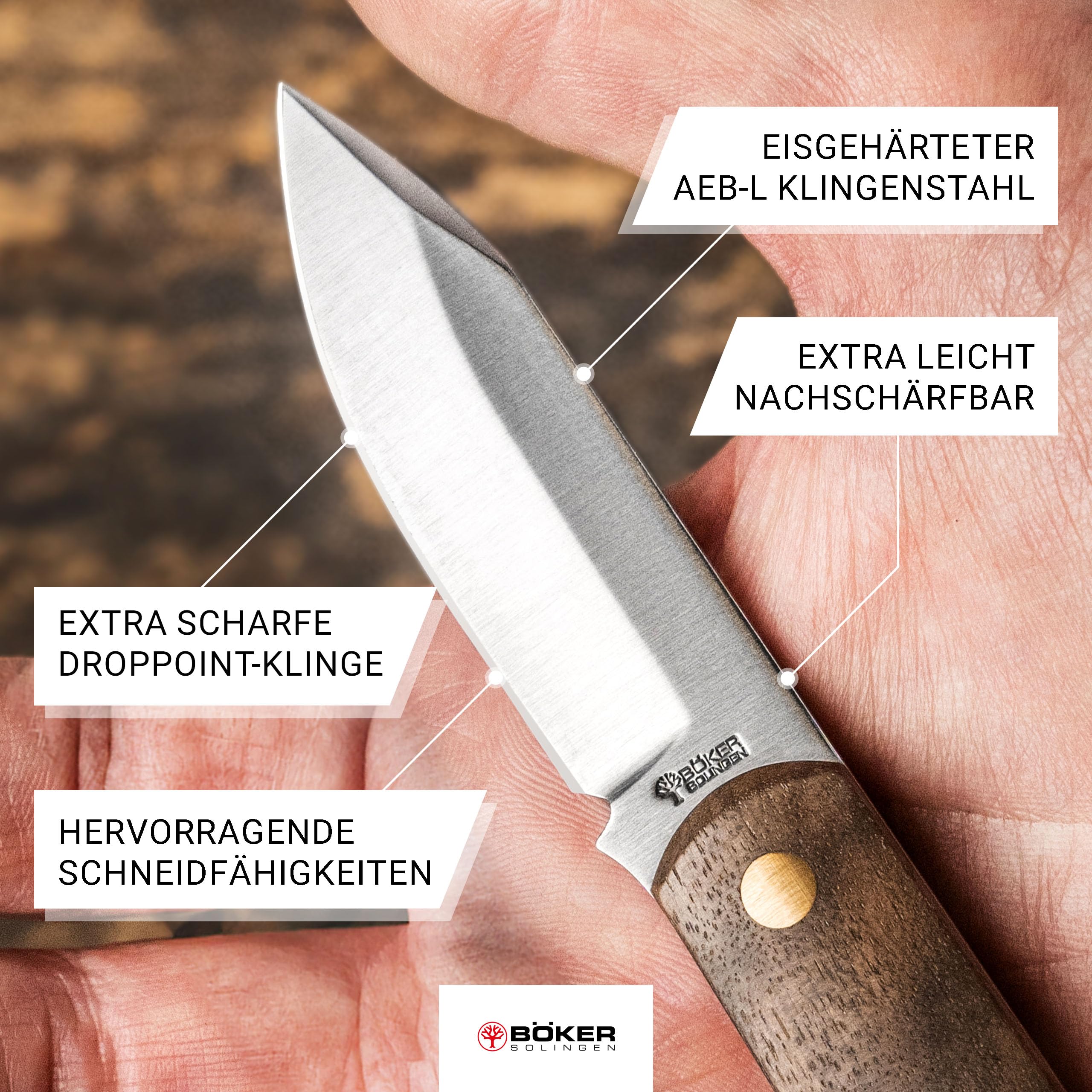 Böker SOLINGEN® Barlow BFF feststehendes Taschenmesser mit Holz-Griff - Premium Taschen-Messer handgemacht mit Lederscheide - 42a konformes Messer Made in Germany