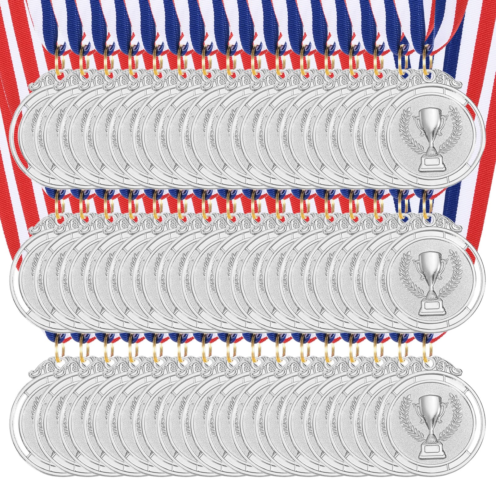QUARKZMAN Medallas De Plata De 2 Pulgadas, Medallas De Ganador De Metal con Diseño De Trofeo Y Cinta para El Cuello para Competiciones Deportivas En Equipo Fiestas Y Favores 48 Piezas