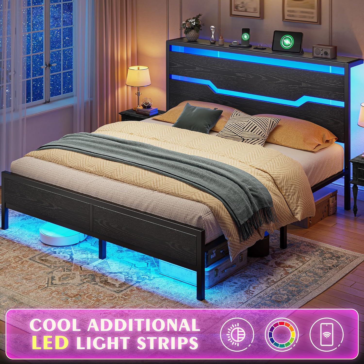 Bed Frame Queen Size with Headboard and Storage, Queen Platform Bed Frame with LED Lights & Charging Station,Metal Queen Frame Heavy Duty,No Box Spring Needed, No Noise,Modern Black