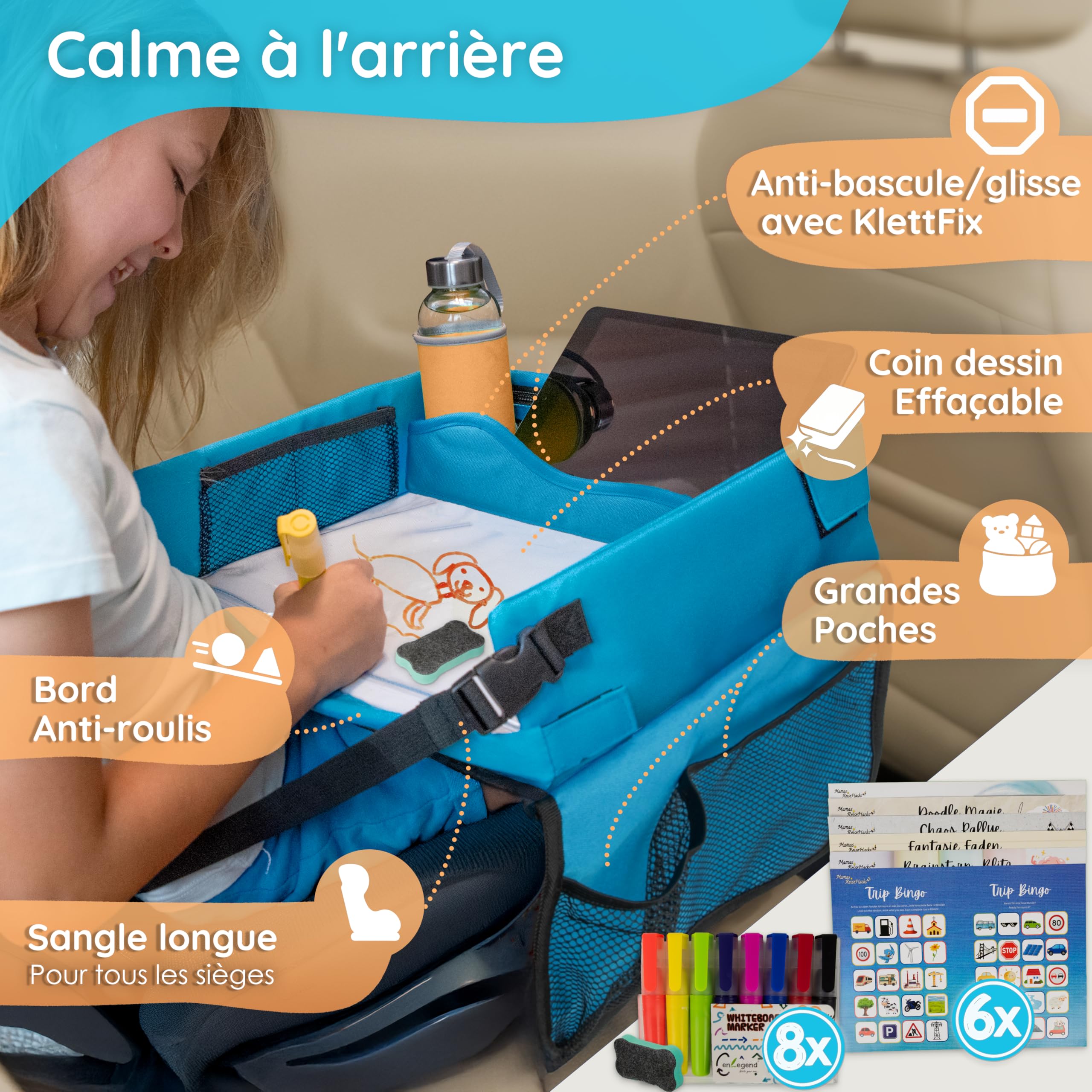 Mamas Reise Hacks Table de voyage pour enfant avec support de tablette et jeux de voiture
