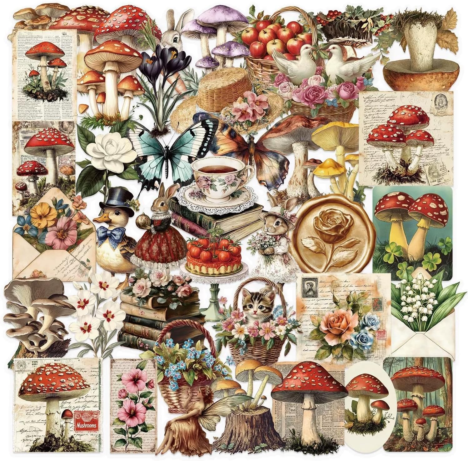 Hntr Mushroom Pet Hntr® Vintage Mushroom Stickers | 50 Cottagecore Nature Stickers | Botanical Scrapbook Sticker Pack For Journals, Books, Laptops & Crafts