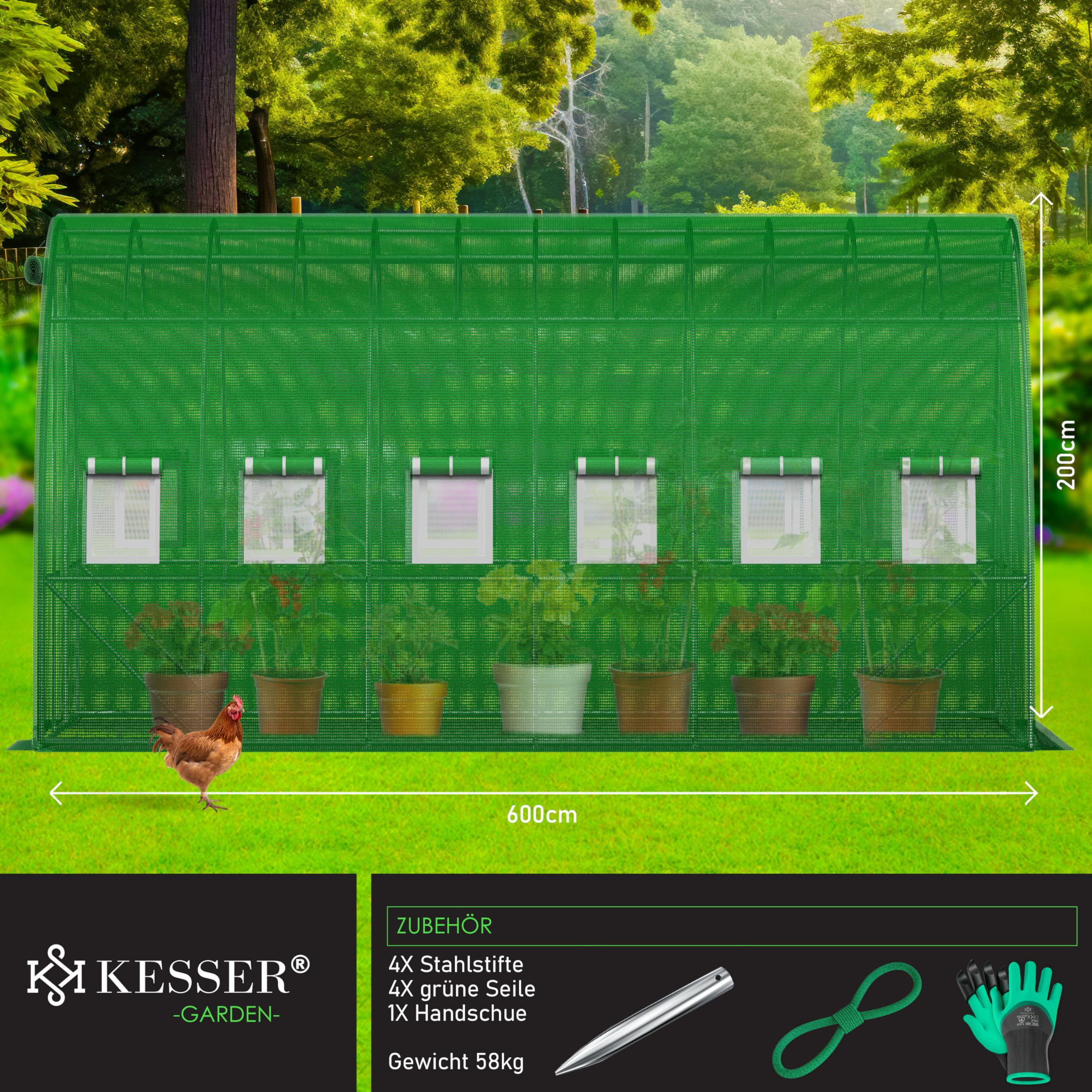 KESSER® Serra stabile con 12 finestre con zanzariera e porta, tunnel da giardino con telaio in acciaio zincato, 170 g/m², con guanti e corde, 600 x 300 cm, verde