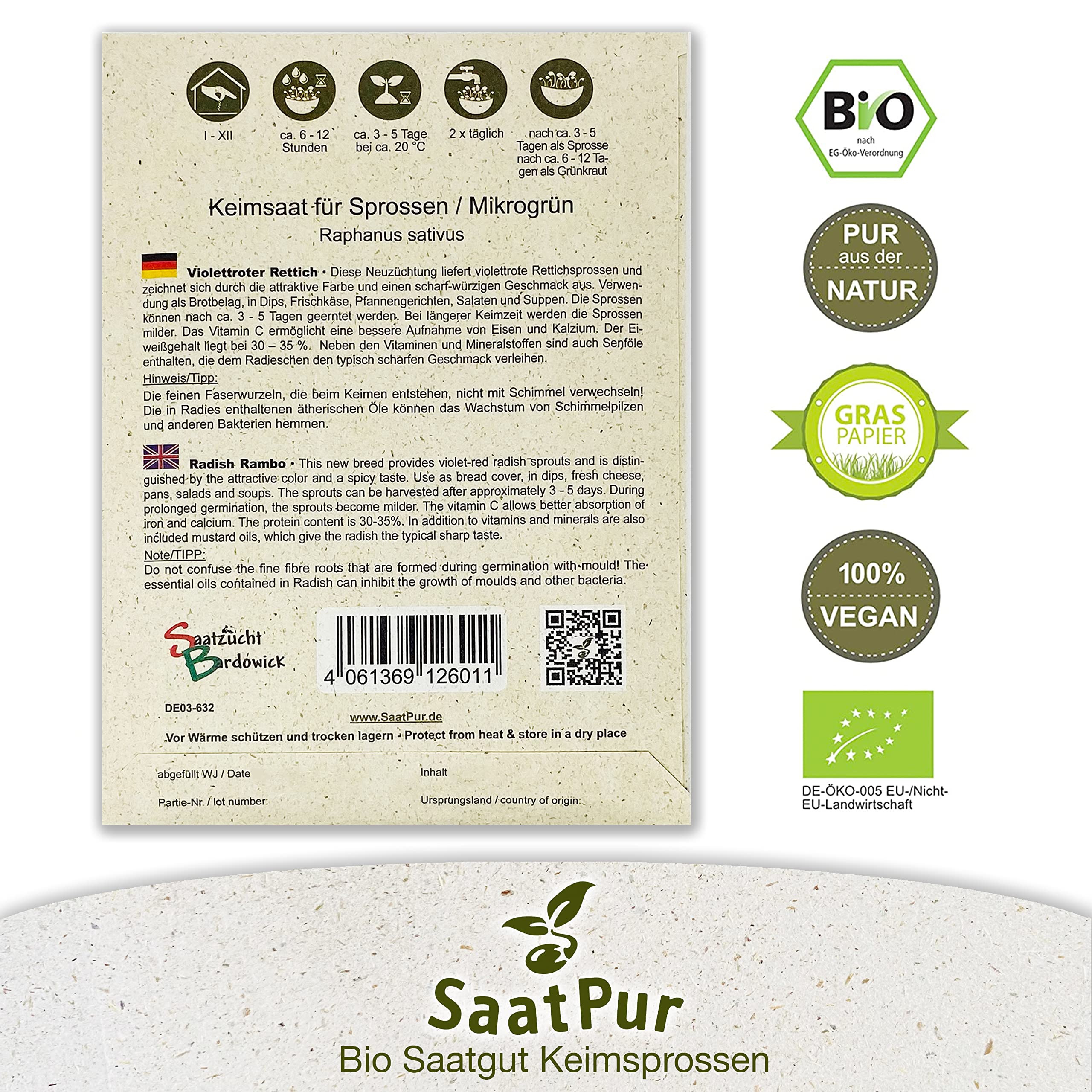 Rambo BIO Keimsprossen von SaatPur - Radies Sprossen, Microgreens - Kleines Tray mit 20 Portionstüten je 30g