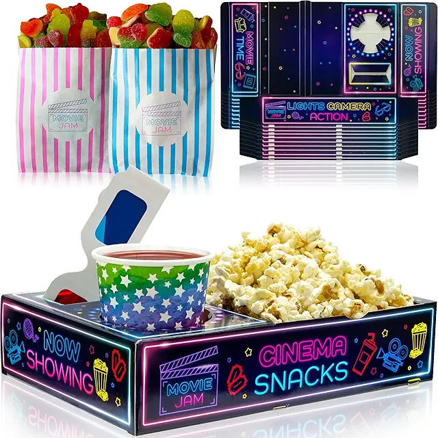 Neon Movie Night Snack Trays - 10 Popcorn Boxes, Candy Bags & Tickets