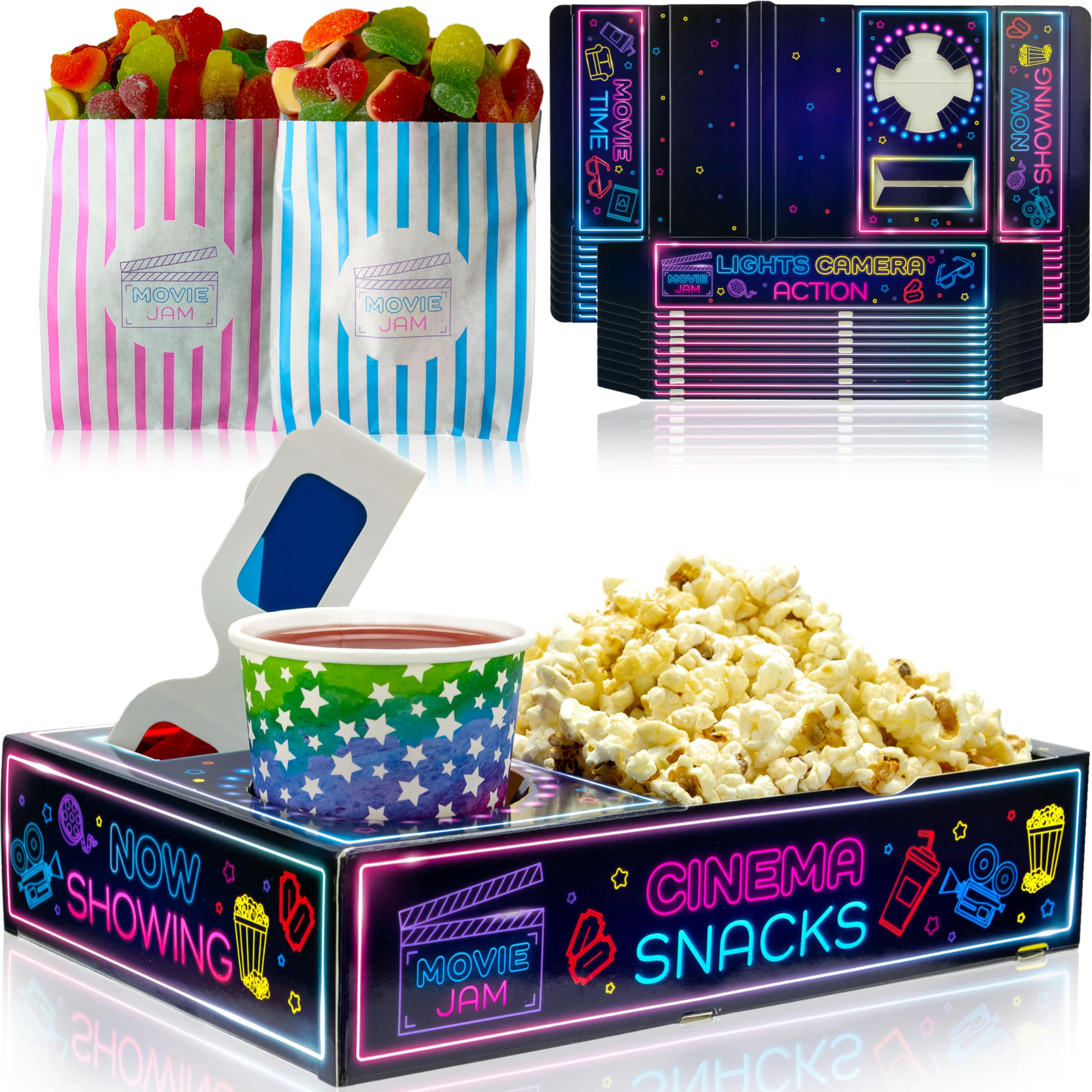 Moviejam Movie Night Snack Trays – Neon Edition | 10 Durable Cardboard Popcorn Boxes & 10 Candy Bags