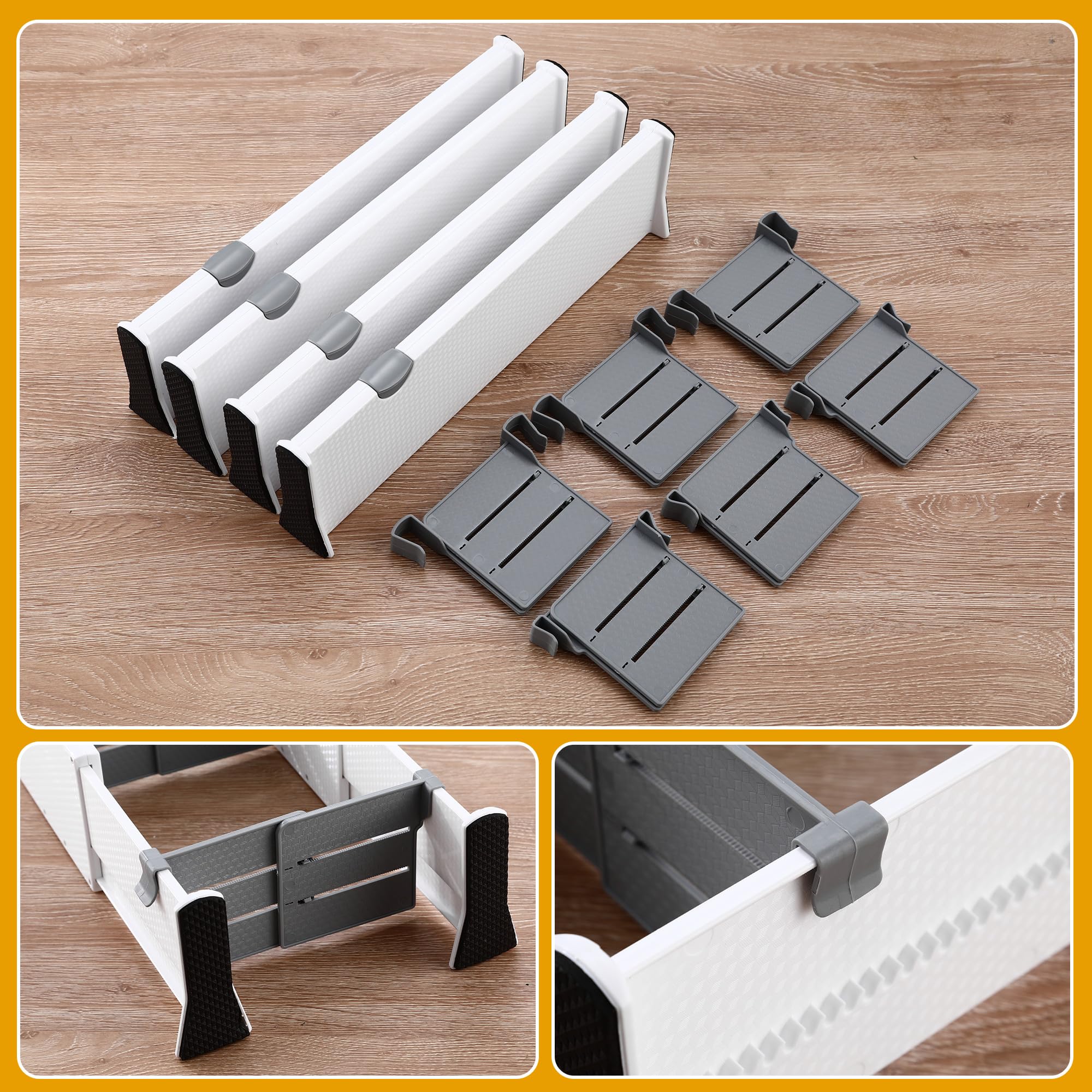 ZHYLUO 4 set di Separatori Cassetti, lunghezza 38-54 cm, altezza 10.5 cm, Divisore per Cassetti, Separatori per Cassetti, adatto per tolette, scrivanie, armadi, cucine (bianco)