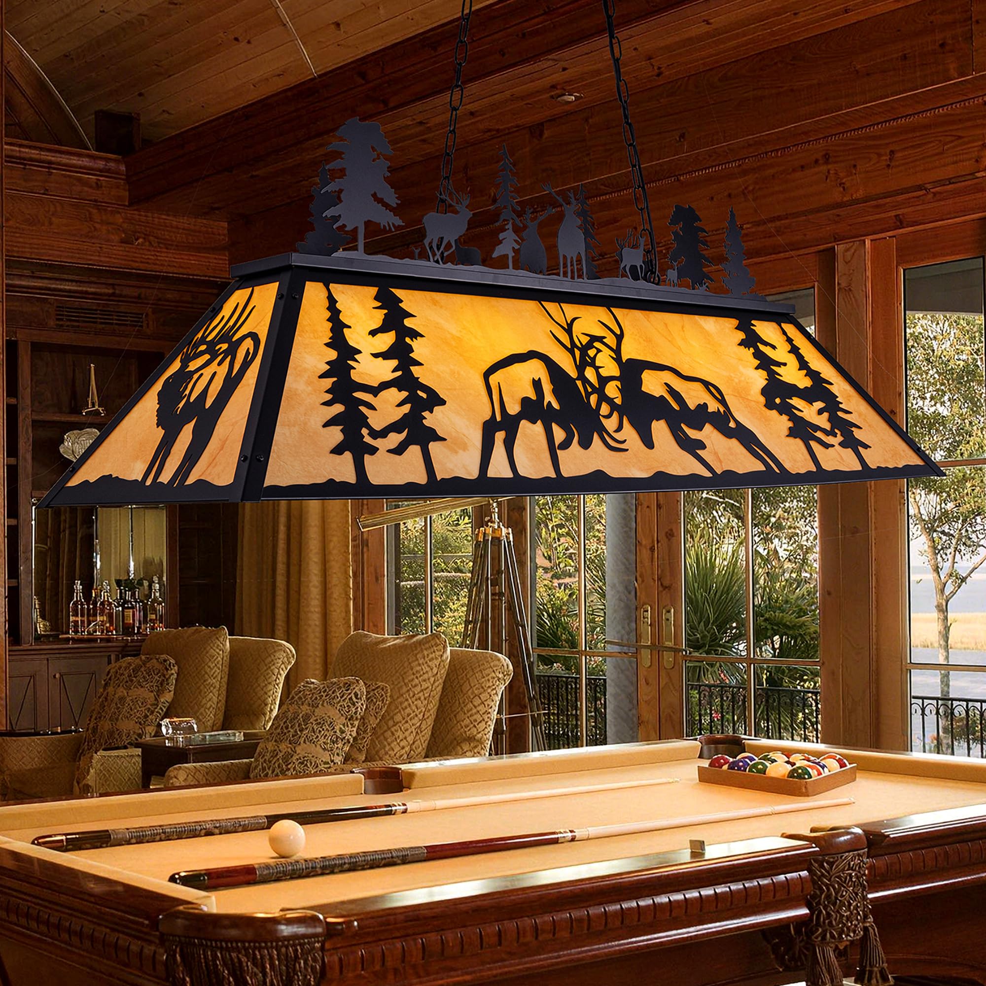 Photo 1 of Wellmet 60" Vintage Pool Table Light, 4-Light Rustic Tiffany Billiards Light Fixture for 7ft 8ft 9ft Table, Black Farmhouse Pendant Chandelier with Deer Elk for Dining Room, Game Room, Kitchen Island