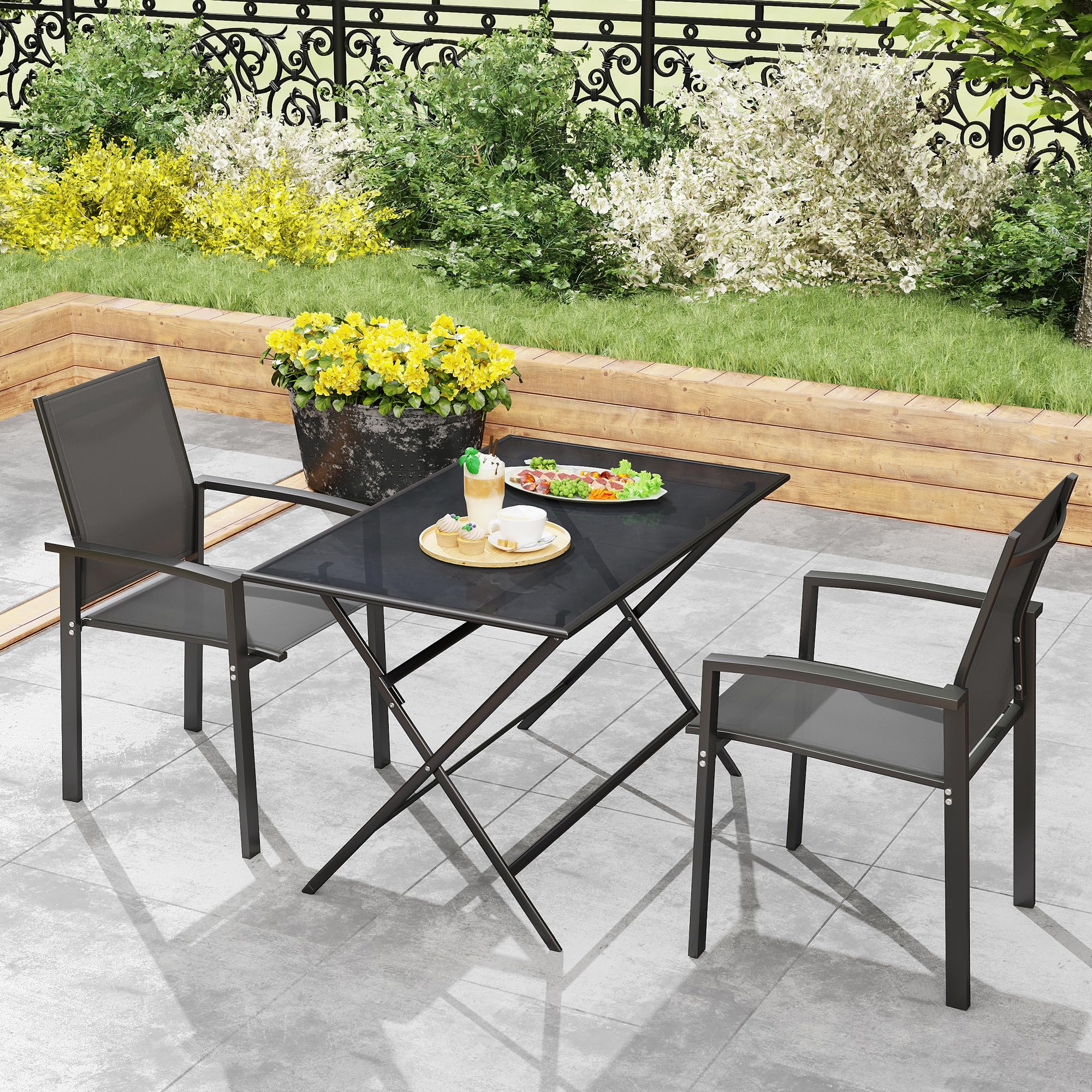 Outsunny Lot de 2 chaises de Jardin chaises empilables d'extérieur Respirant avec accoudoirs, en Aluminium et textilène pour Jardin, Piscine, terrasse, Gris foncé
