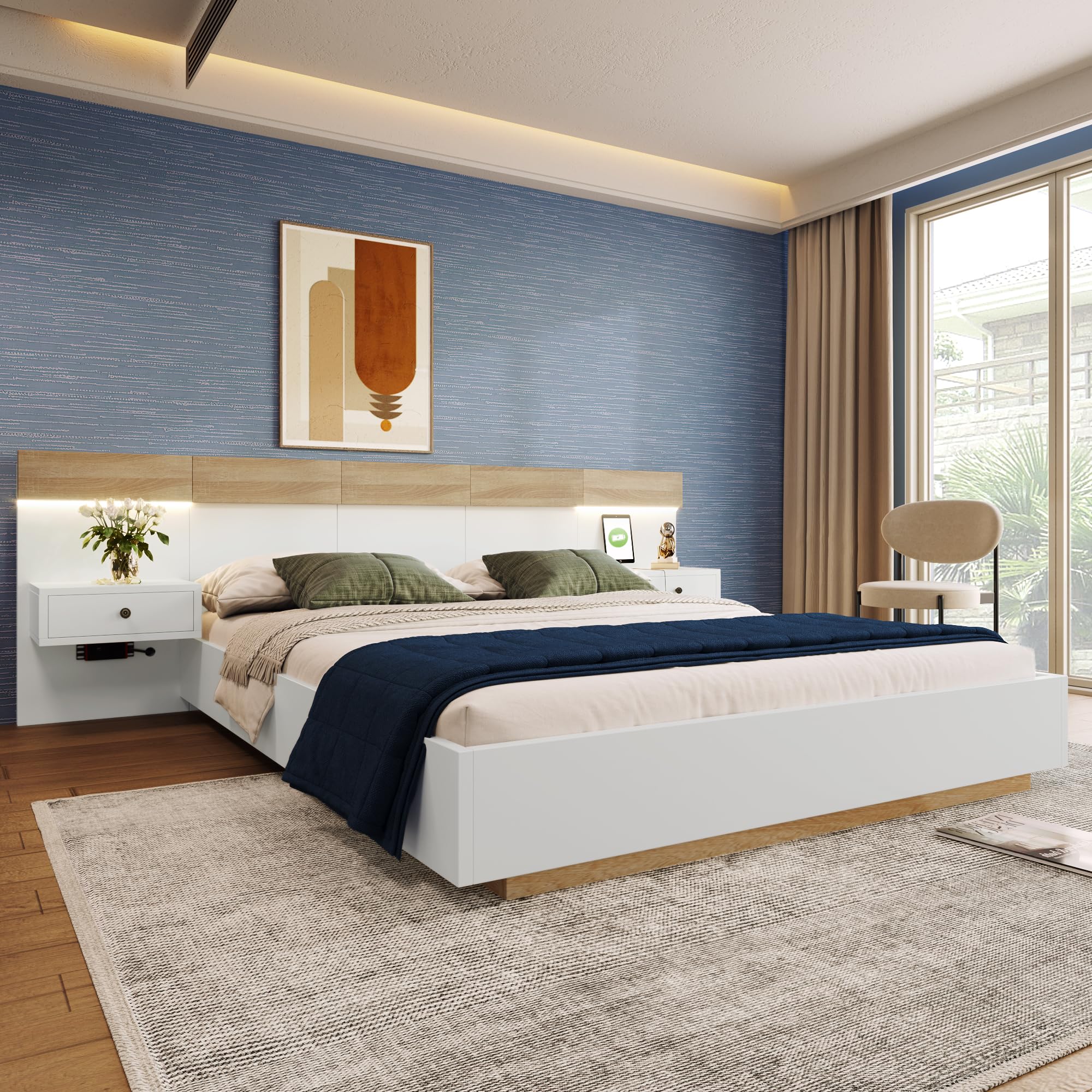Set completo per camera da letto, 180 x 200 cm, letto matrimoniale con 2 cassetti, comodini, connettori USB/tipo C e comodini LED inclusi, letto in legno (rovere Sonoma+bianco (con comodino), 180 x