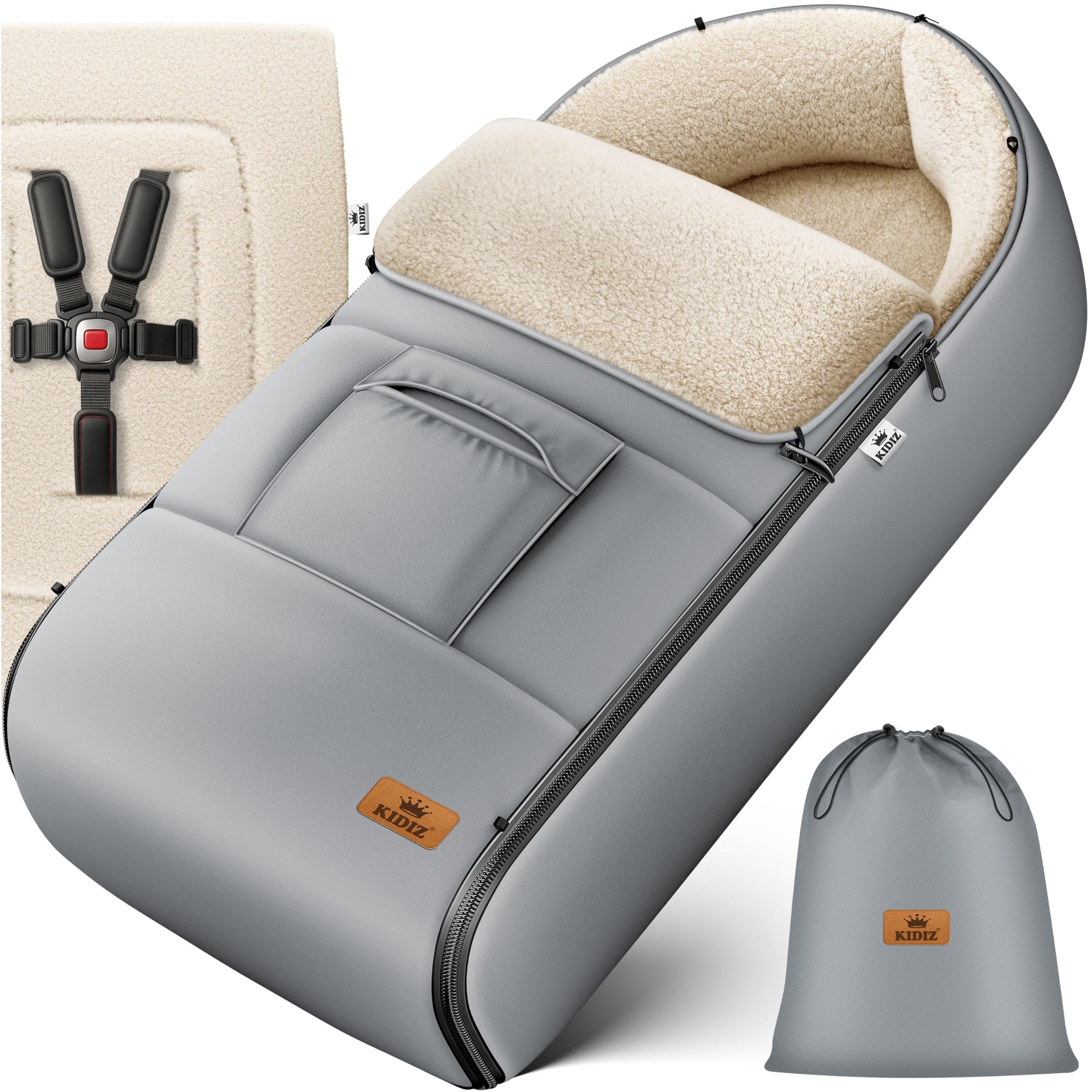Kidiz® Babyfußsack Winterfußsack Kinderwagen, Universal Fußsack Buggy/Babyschale mit Lammfleece, 3- & 5-Punkt-Gurt, wasserdicht, winddicht, Reißverschluss, Baby Kuschelsack Winter, waschbar, Grau