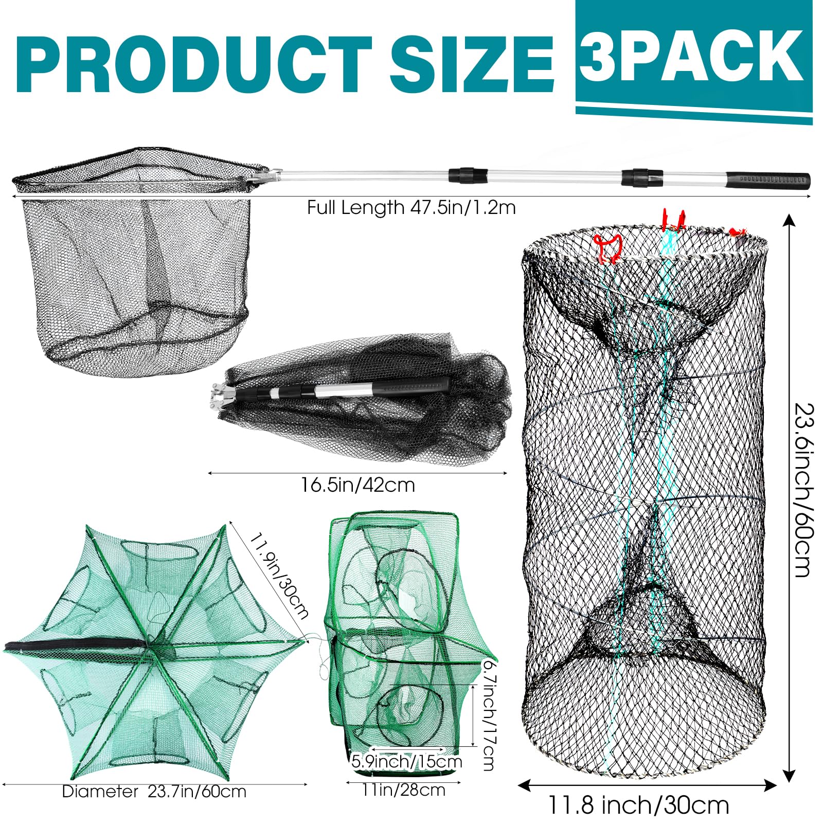 Windyun 3 redes de pesca plegables con mango telescópico, trampa de cangrejo hexagonal, trampa de cebo de pesca hexagonal con cuerda y bolsa de señuelo para cangrejo y camarones