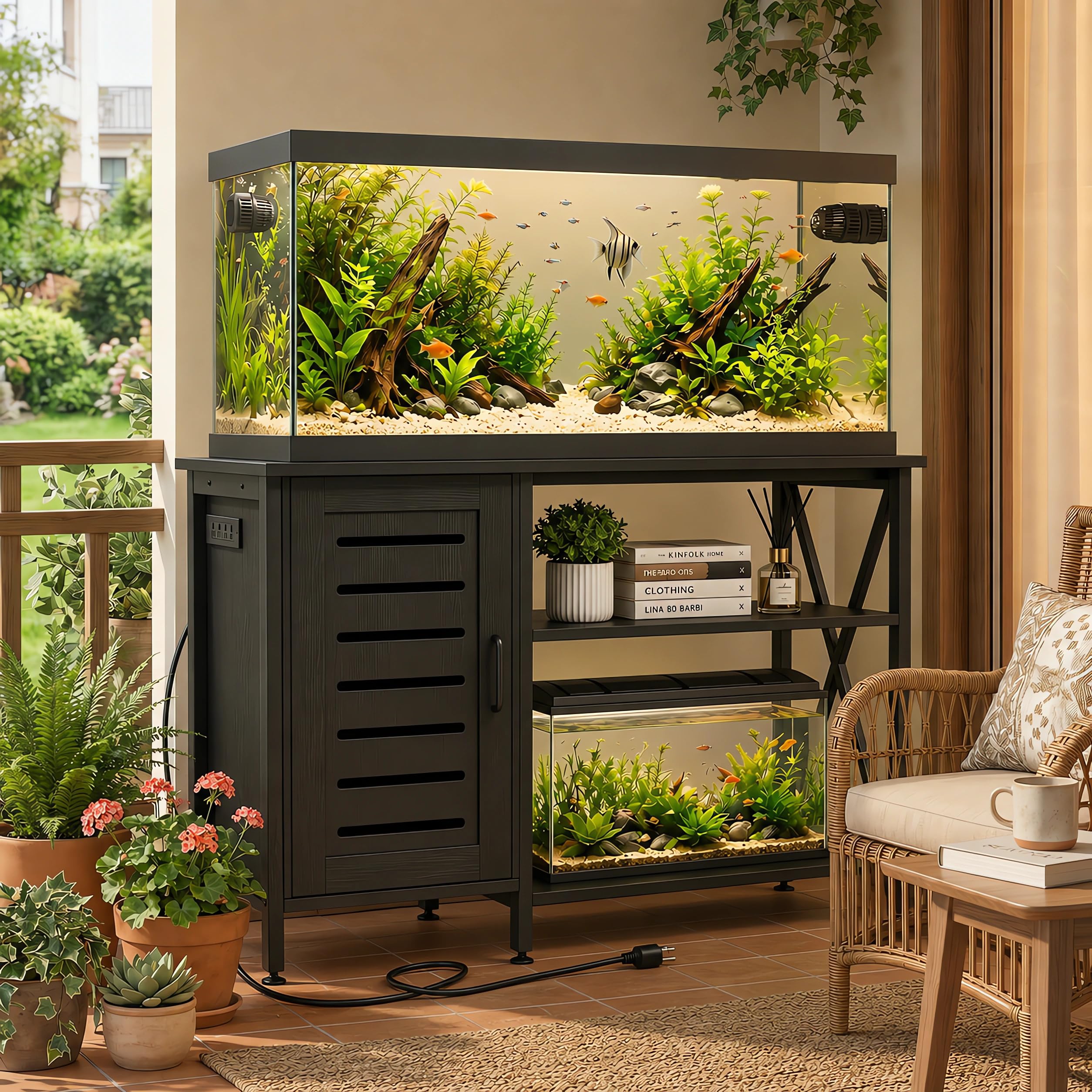 Herture 55-75 Gallon Fish Tank Stand,Aquarium Stand with Cabinet Accessories Storage,Heavy Duty Metal Frame,Aquarium Cabinet with Power Outlets 52