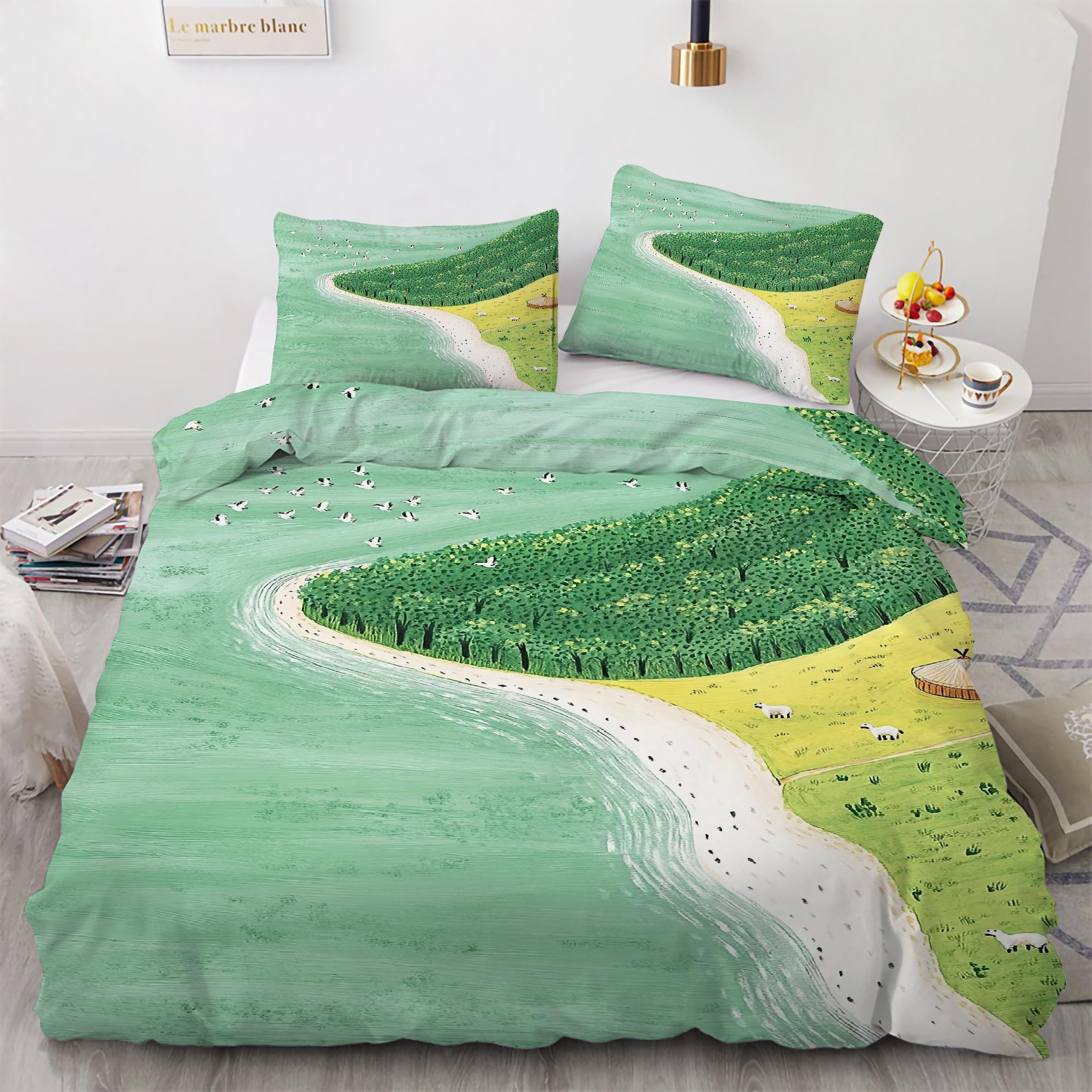 Housse couette en microfibre douce 200x200 anti-plis avec parure de lit verte